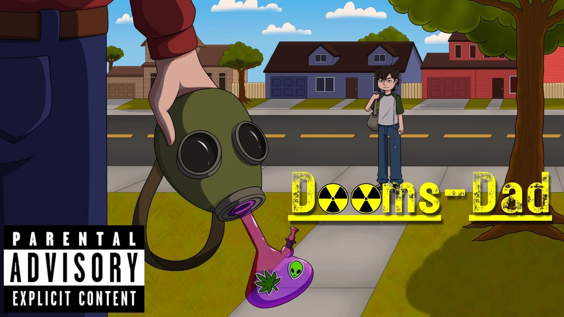An animated scene a child with dark hair standing on a sidewalk, facing an adult holding a green gas mask and a purple bong with alien stickers, in a suburban neighborhood with colorful houses, trees, and a street with the text "Dooms-Dad".