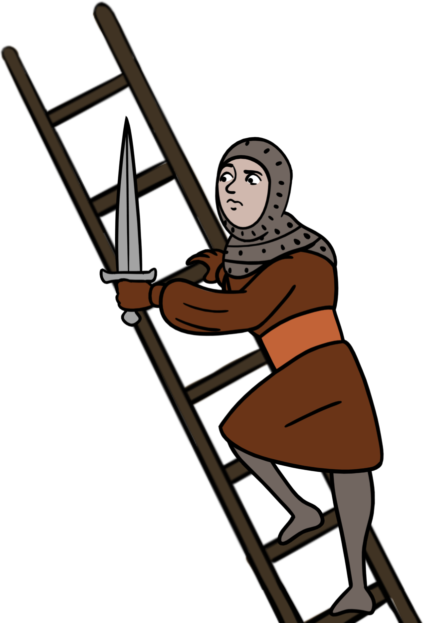 A medieval knight wearing chainmail armor, climbing a wooden ladder with a sword in his hand.
