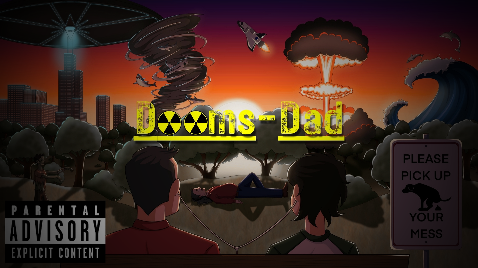 A cartoon depiction of a nuclear disaster with a city skyline, a tornado, an explosion, and tsunami waves. Two characters are in the foreground watching the scene, with a large sign reading 'Dooms-Dad' and a parental advisory warning in the corner.
