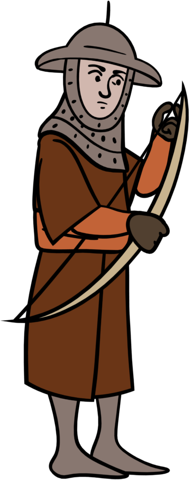 Illustration of a medieval archer wearing a wide-brimmed kettle helmet, chainmail hood, maroon tunic, and gloves, adjusting the string on his bow.