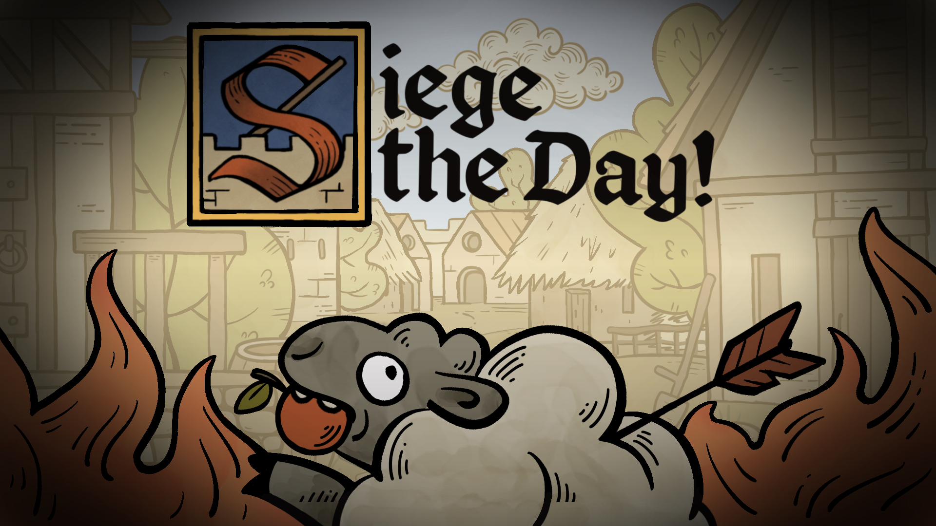 Cartoon illustration with the text "Diege the Day!" display and a castle background, cartoon character of a sheep eating an apple, and animated flames surrounding the scene.