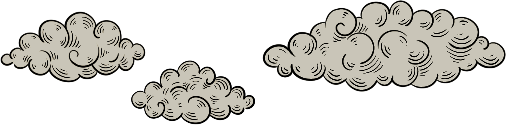 Illustration of three gray clouds with swirling lines, varying in size and shape.