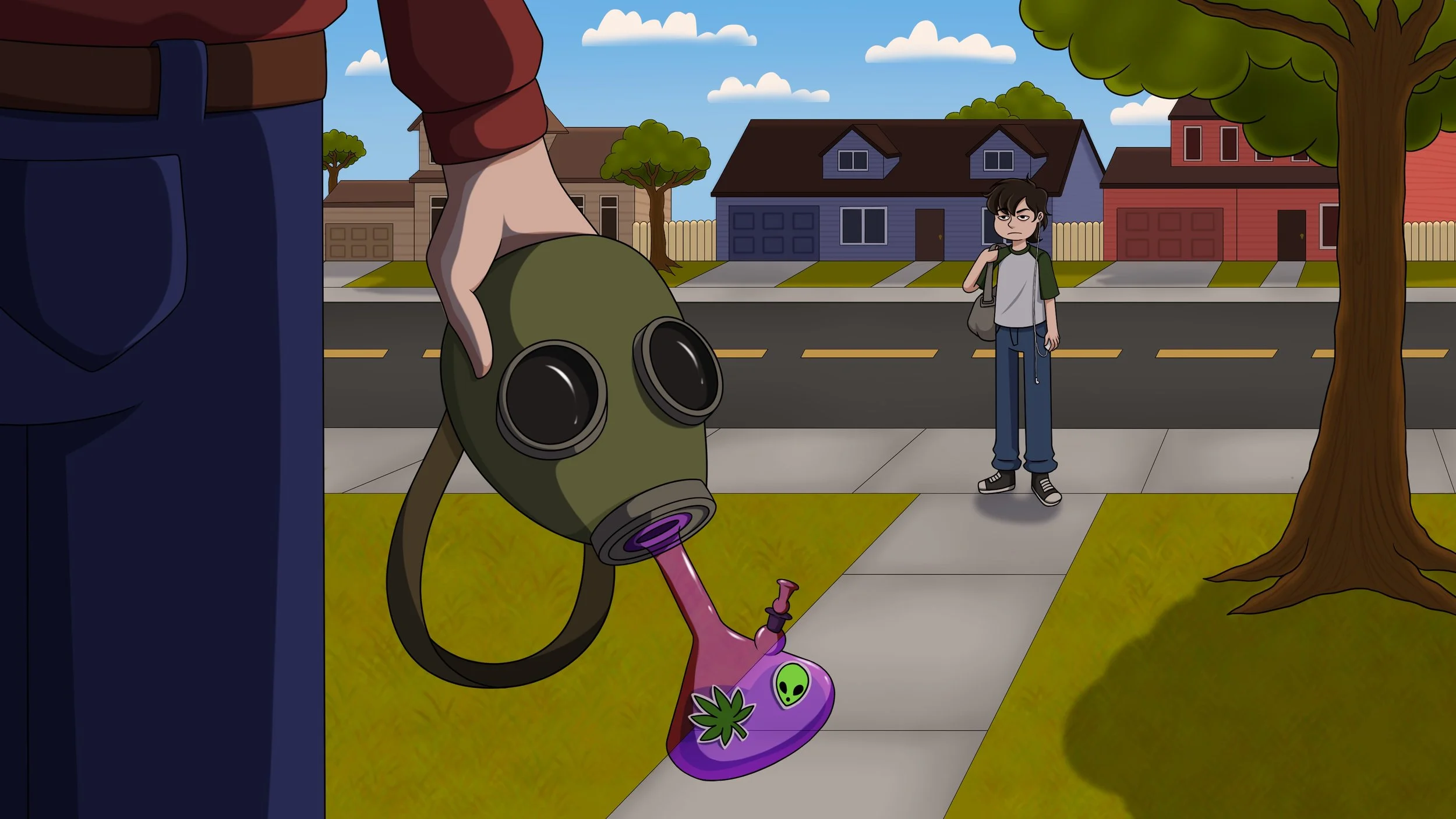 An animated scene a child with dark hair standing on a sidewalk, facing an adult holding a green gas mask and a purple bong with alien stickers, in a suburban neighborhood with colorful houses, trees, and a street. Original Concept art for Dooms-Dad.