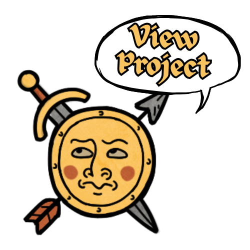 A cartoon clock with a mischievous face, an arrow and a dart, and a speech bubble that says 'View Project'.