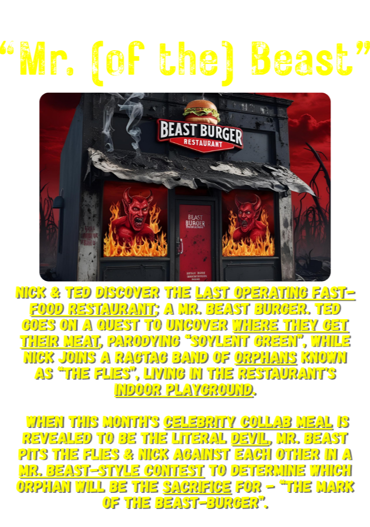 A building with a sign that reads "Beast Burger Restaurant" featuring a burger logo, and walls decorated with images of red demons surrounded by flames, under a dark, ominous sky.