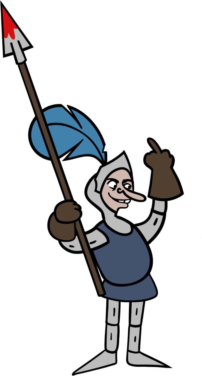 Cartoon depiction of a smug knight in armor, holding a blood-soaked spear, flipping the bird at his enemies.