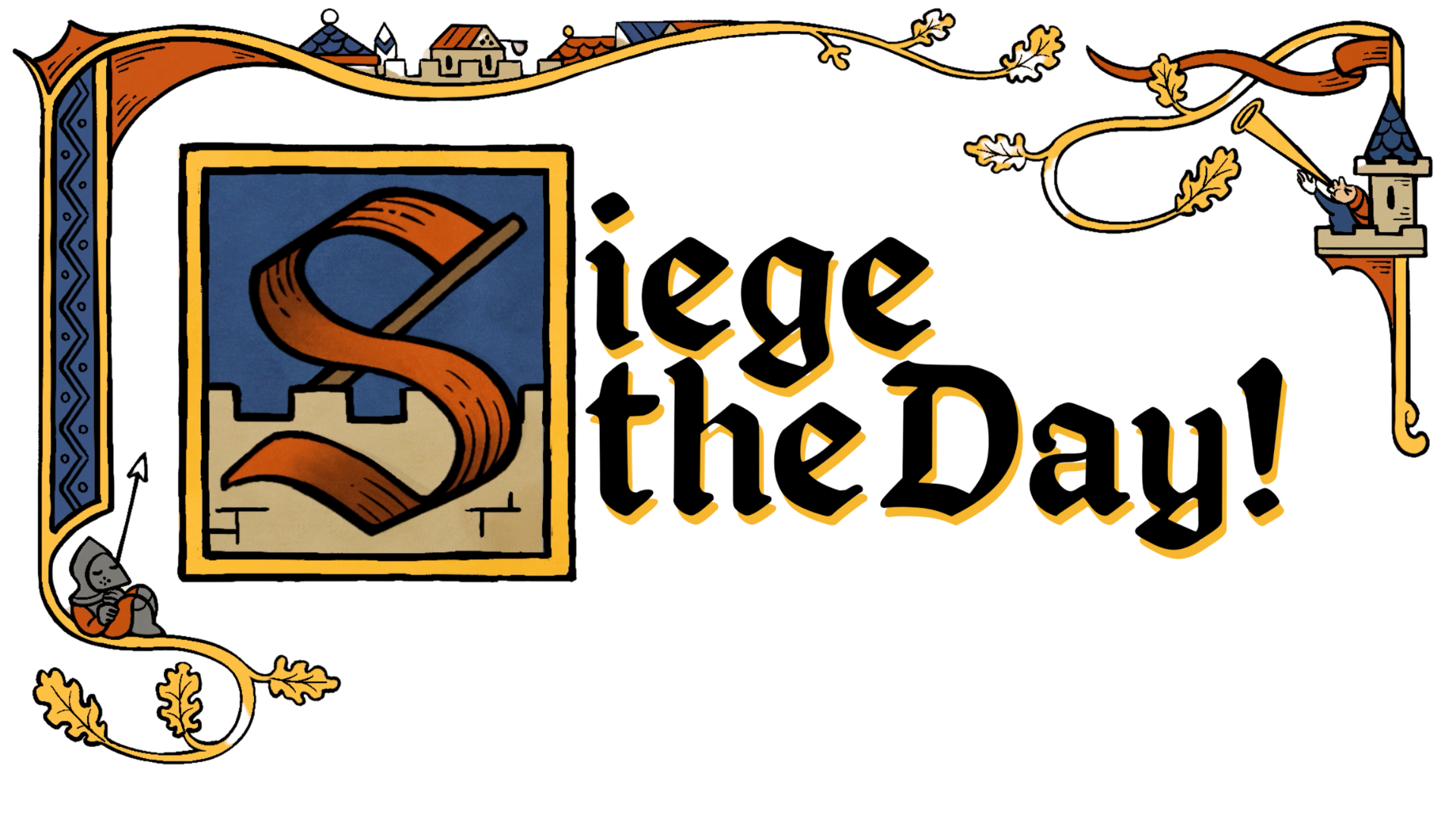 A colorful festive banner reads "Let's Celebrate!" with medieval and fairy tale illustrations, including a knight, a princess, a castle, and decorative autumn leaves.