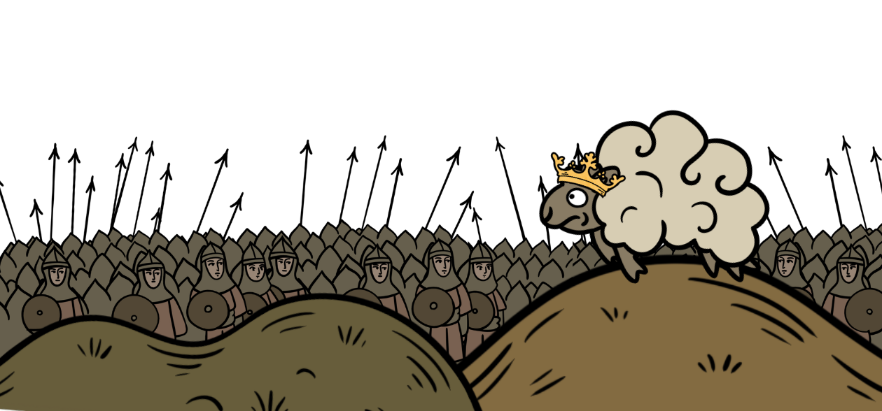 A cartoon Sheep wearing a crown, standing on a hill, facing a large group of soldiers in armor with shields, amidst a battlefield scene.