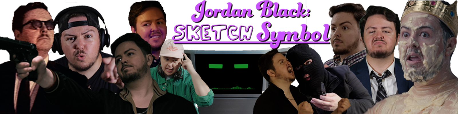 Collage of various comedic characters displaying different expressions and costumes, with purple text that reads 'Jordan Black: Sketch & Symbol' in the center.