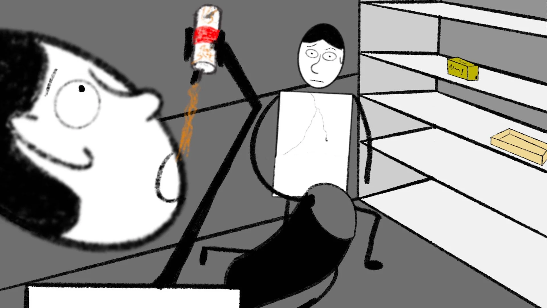 A person kneels in front of empty shelves in a store, looking annoyed, while another character squirts cheez-wiz in their mouth. Original storyboard from Dooms-Dad.