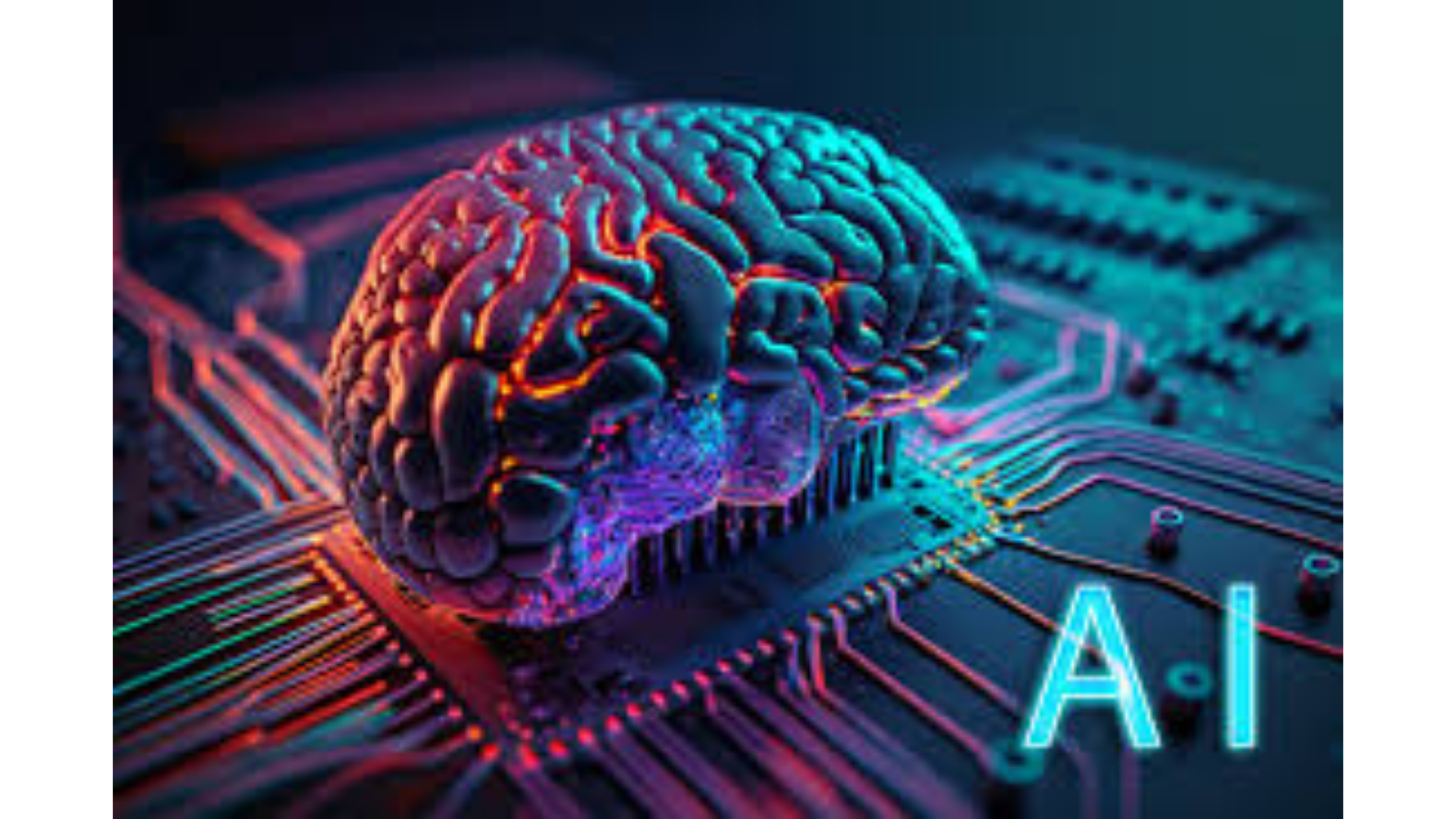 A neon-colored digital illustration of a human brain placed on a circuit board, with glowing electronic components and the letters 'AI' in bright blue.
