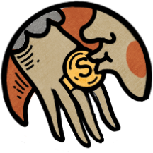Cartoon illustration of lips kissing a golden ring.