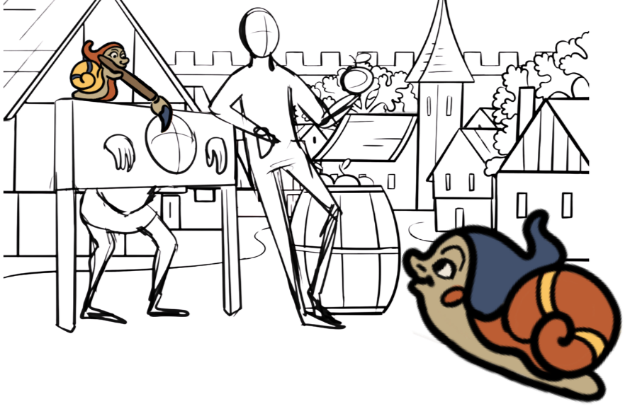 Early line-art from the Siege The Day Teaser, Featuring two cartoon snails in the foreground as they paint the scene.