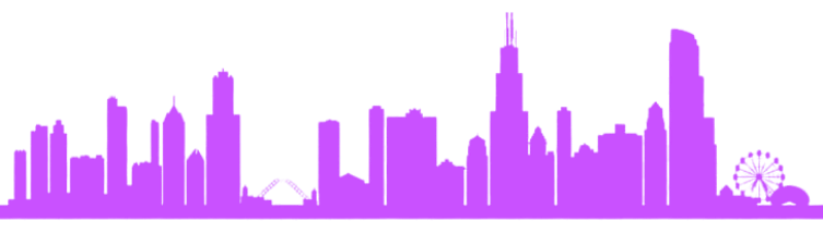 Silhouette of the chicago skyline with buildings and a Ferris wheel, all in purple against a black background.