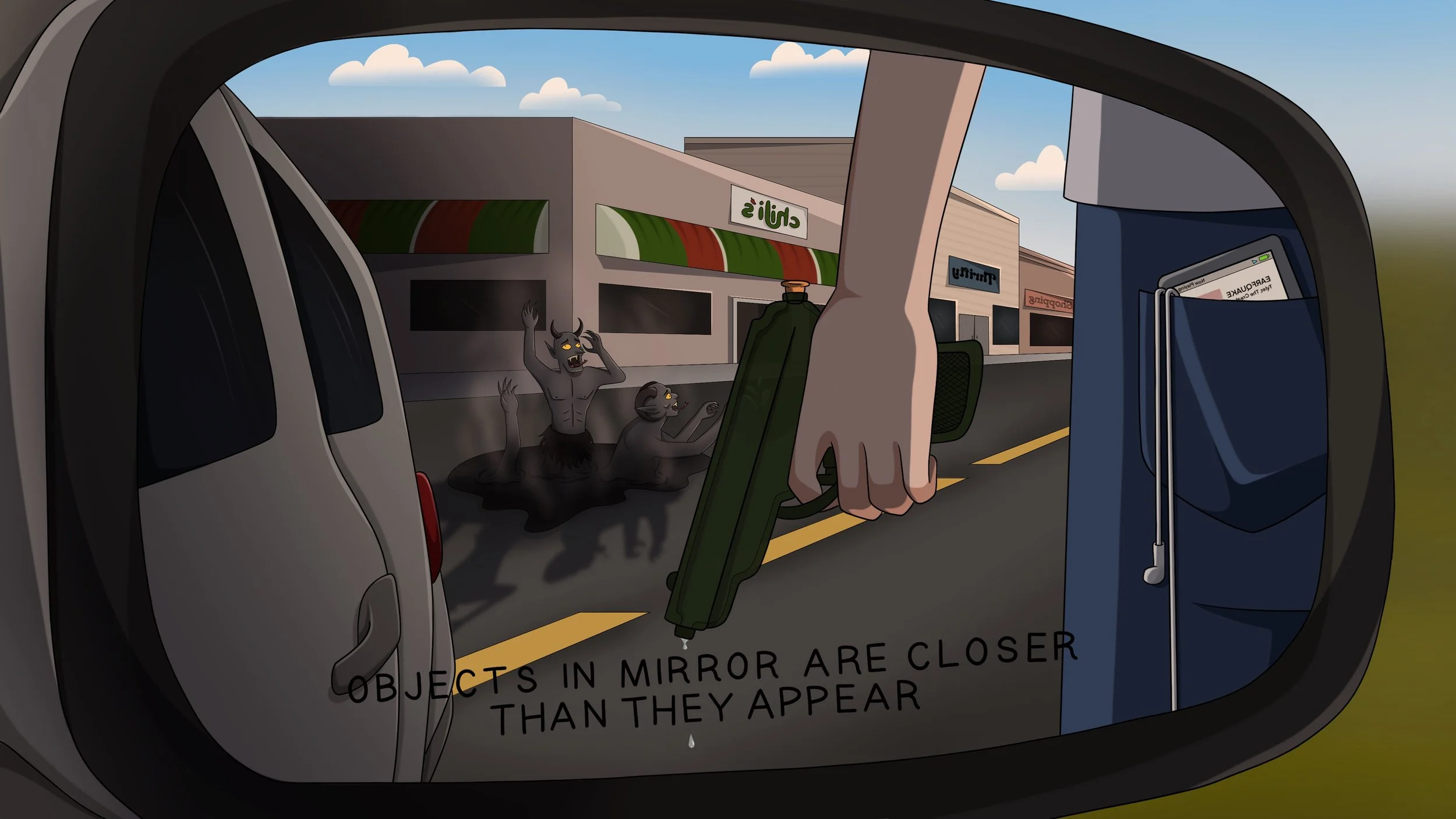 View through a car's side mirror showing a demonic creature with horns and glowing yellow eyes melting into a dark puddle, with a hand holding a green suitcase and a green water gun, in a parking lot with storefronts and a blue sky.