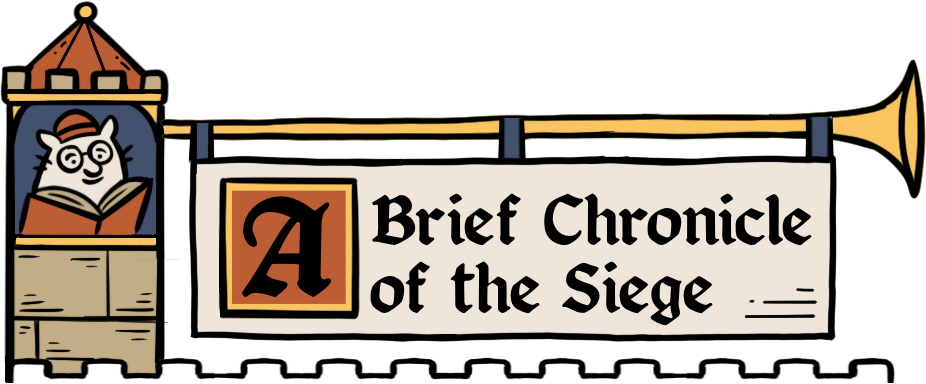 A cartoon owl wearing glasses reading a book in a tower, with a banner that reads "A Brief Chronicle of the Siege" hanging next to it.