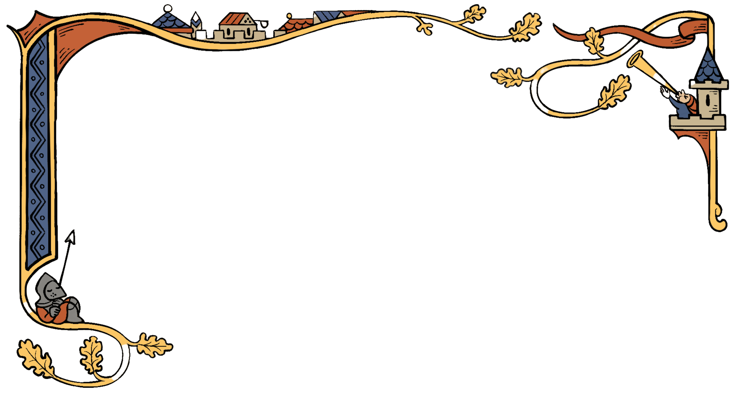 A decorative border with medieval and fantasy themed illustrations including a knight in armor at the bottom left, a person blowing a horn on a castle tower at the top right, and various architectural elements like castles and houses along the border.