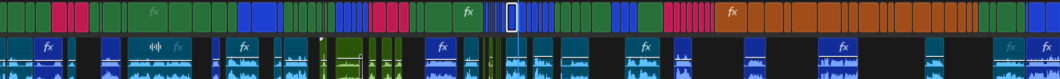Screenshot of a digital editing timeline with clips in various colors.