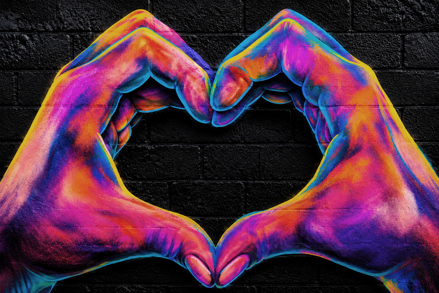 Colorful neon painted hands forming a heart shape against a black brick wall background.