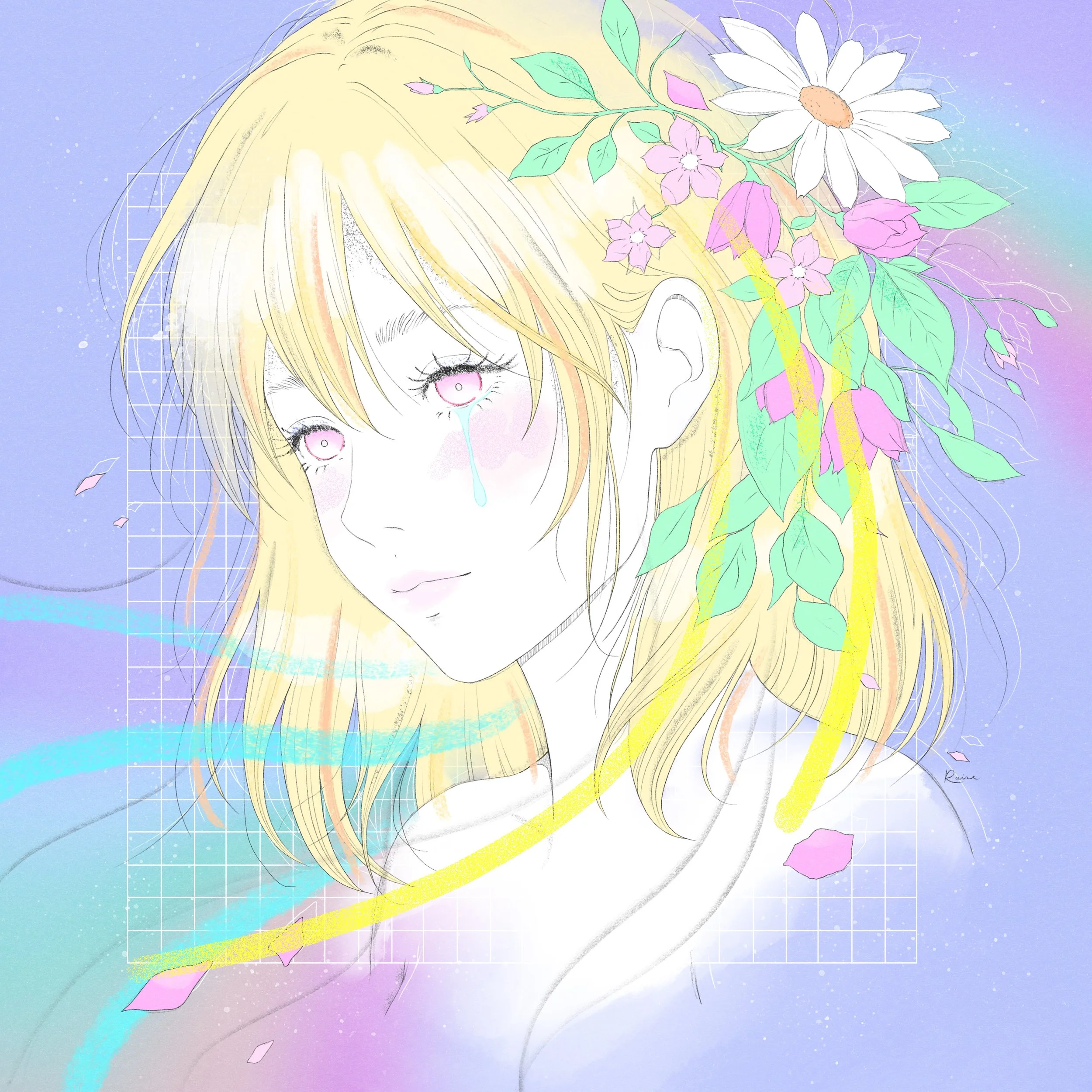 Artwork by Raine Schweikert of a softly rendered, pastel-toned portrait of a feminine figure shown in gentle profile. She has light blonde hair that fades into cloudlike softness at the crown and shoulders, with delicate pencil linework visible throu