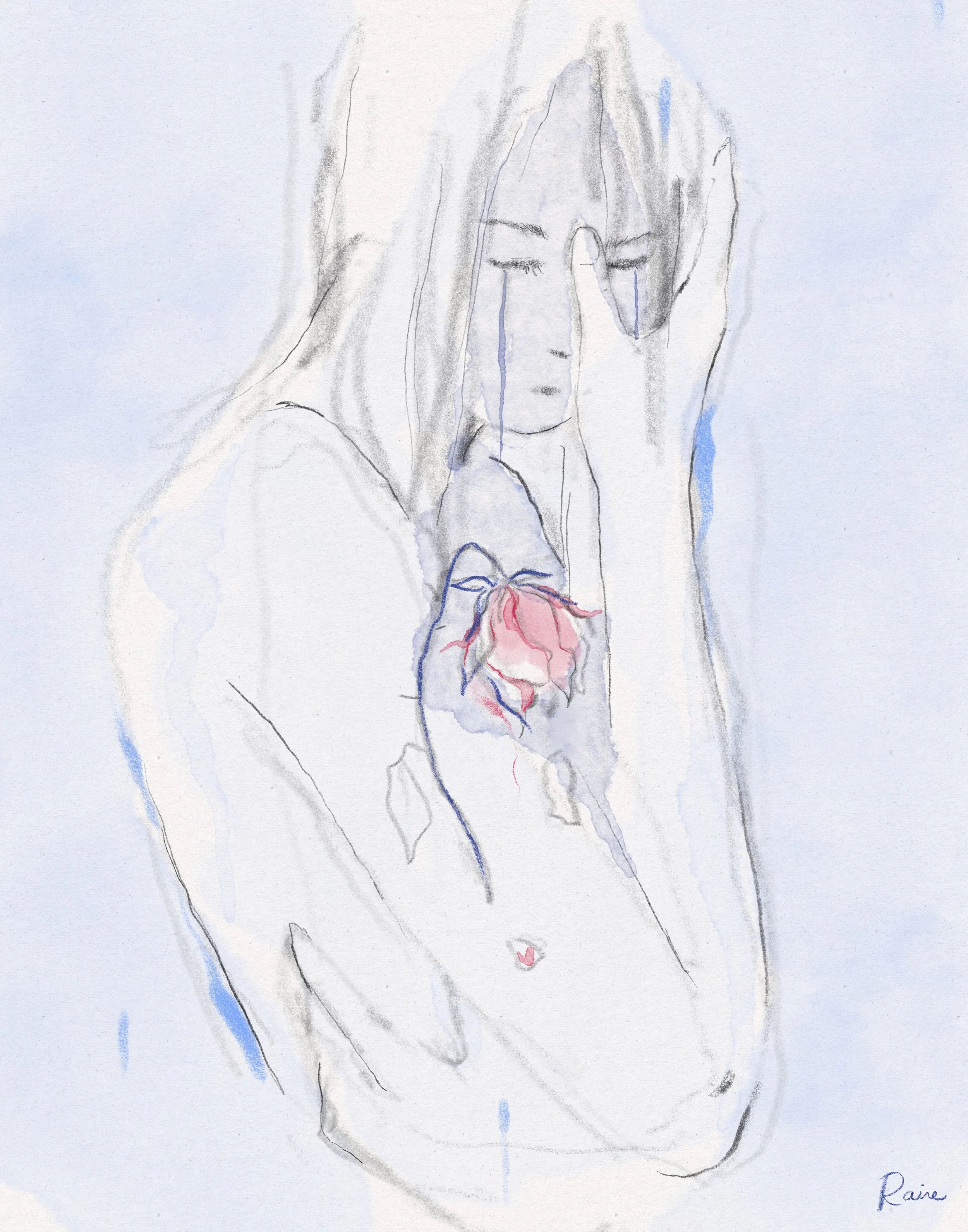Artwork by Raine Schweikert of a softly rendered figure in profile, eyes closed and hand pressed to the face as blue tears stream down the cheeks. Delicate graphite lines and pale watercolor washes create an airy, fragile atmosphere. In the figure’s 