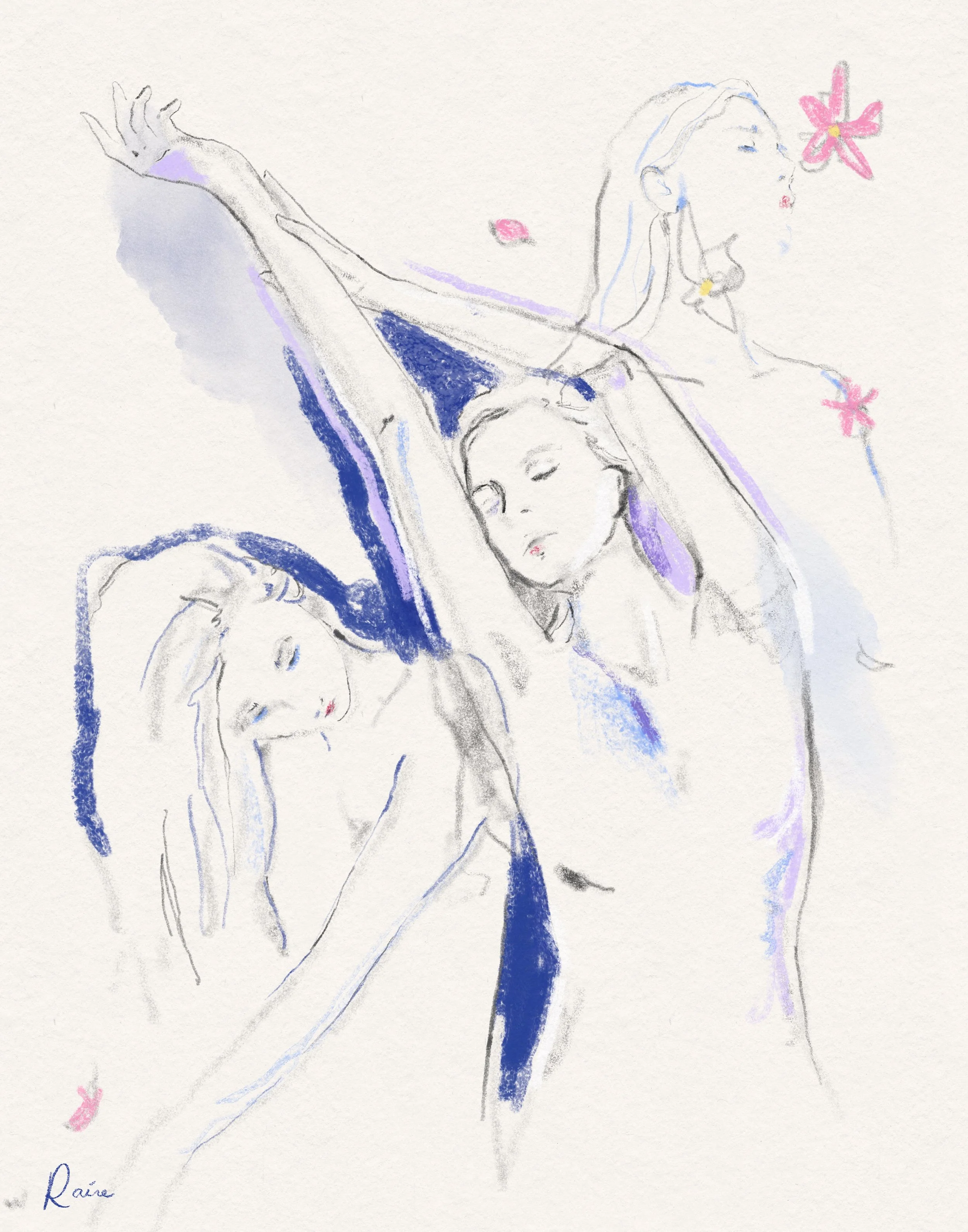Artwork by Raine Schweikert of three overlapping female figures that embody a process of recalibration, each expressing a different inner state as aspects of the self integrate. The central figure stretches upward in a poised, almost dance like gestu