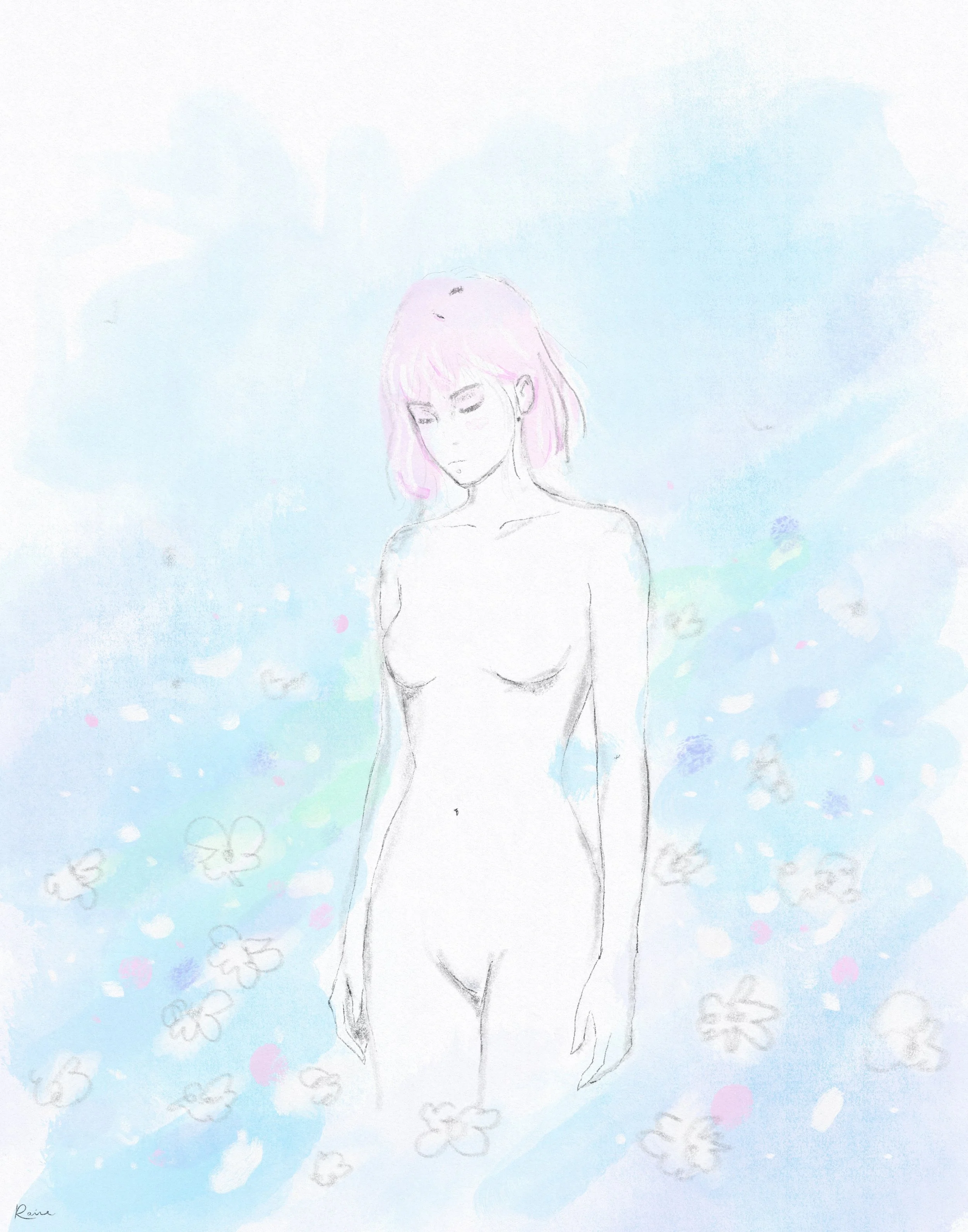 Artwork by Raine Schweikert of a softly rendered nude figure surrounded by light blue and pastel forms, expressing vulnerability, waiting, and an unresolved interior state.