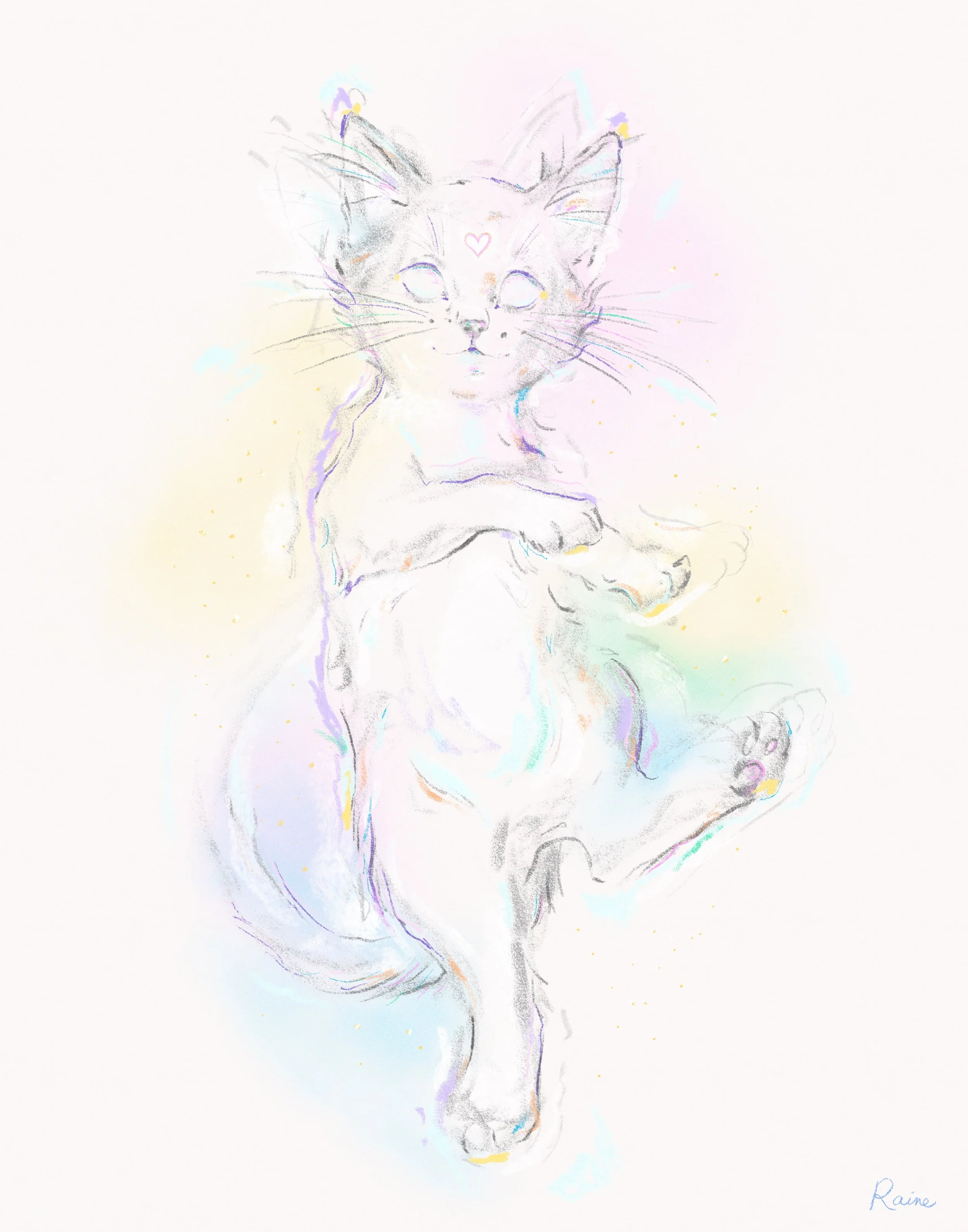 Artwork by Raine Schweikert of an ethereal, luminous kitten floating in a playful posture. The drawing features soft graphite and colored pencil linework surrounded by a glowing pastel aura of rainbow colors and tiny golden sparkles. A small pink hea