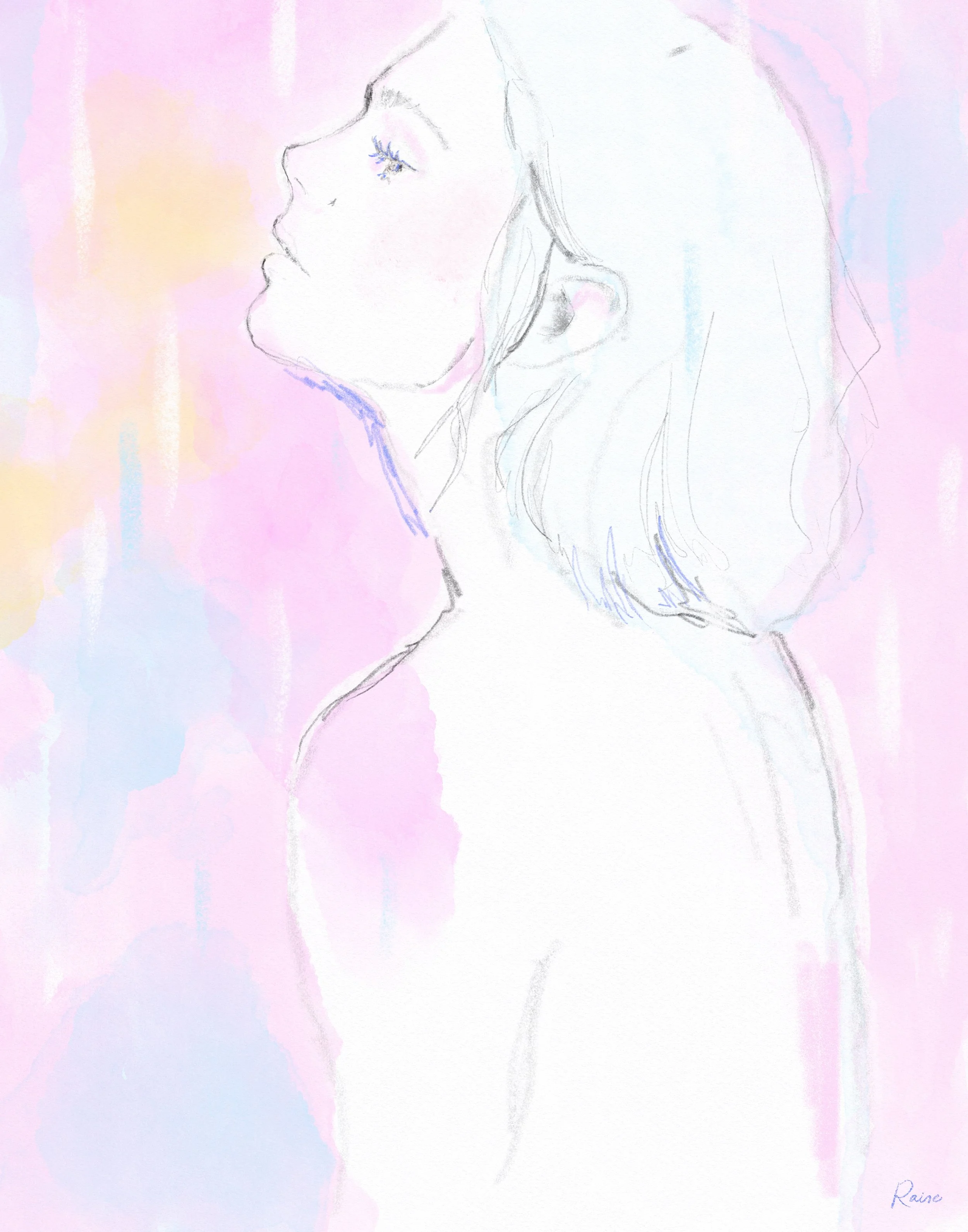 Artwork by Raine Schweikert of a side-profile figure facing left with head tilted upward. The figure is drawn with light graphite lines, showing a soft gaze, shoulder-length hair, and minimal facial detail. The body is mostly left white. The backgrou