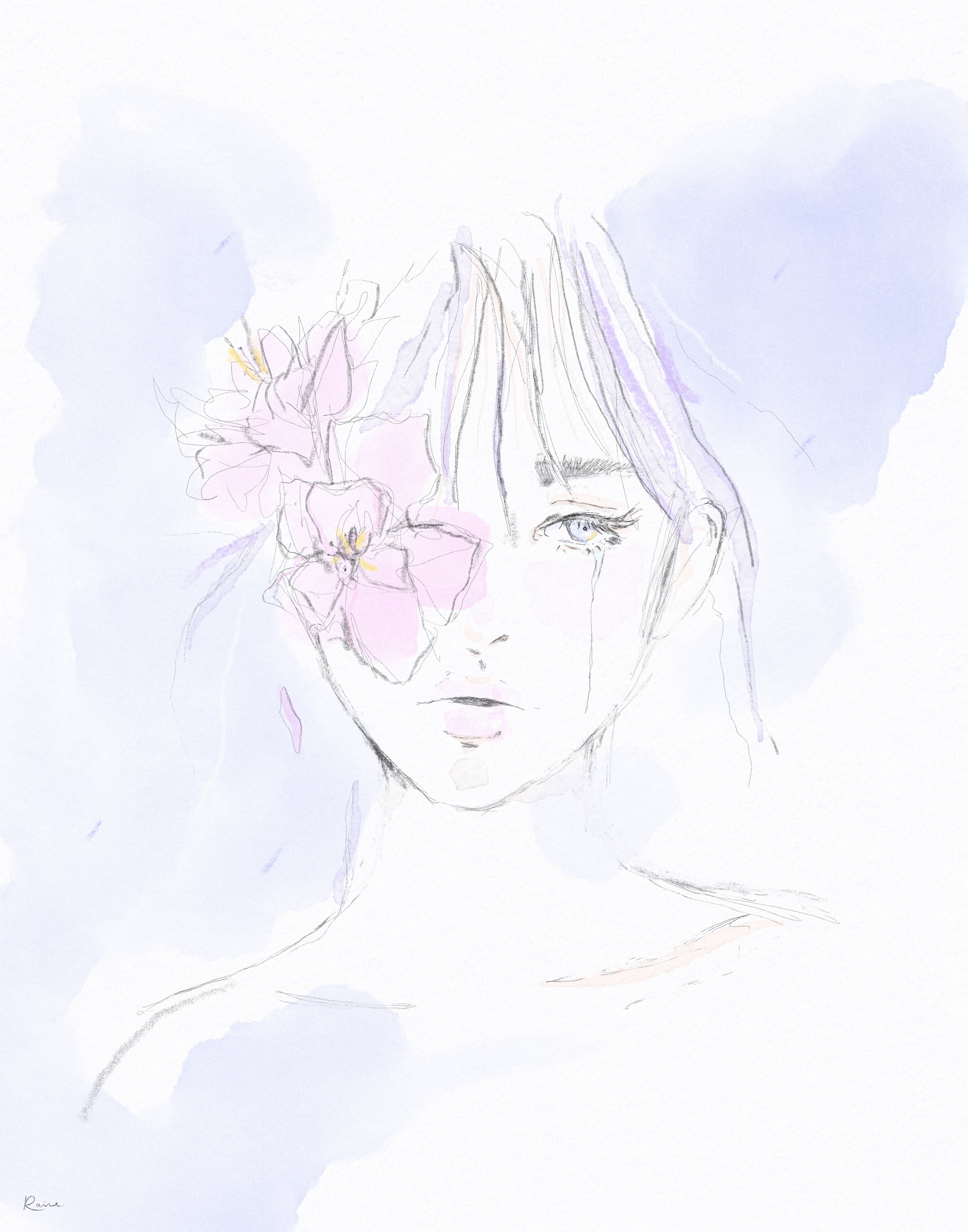 Artwork by Raine Schweikert of a soft watercolor portrait of a feminine figure with a downward gaze and a subtle tear, rendered in loose, imperfect linework and pale washes of color. Flowers drift across part of her face against a light blue backgrou