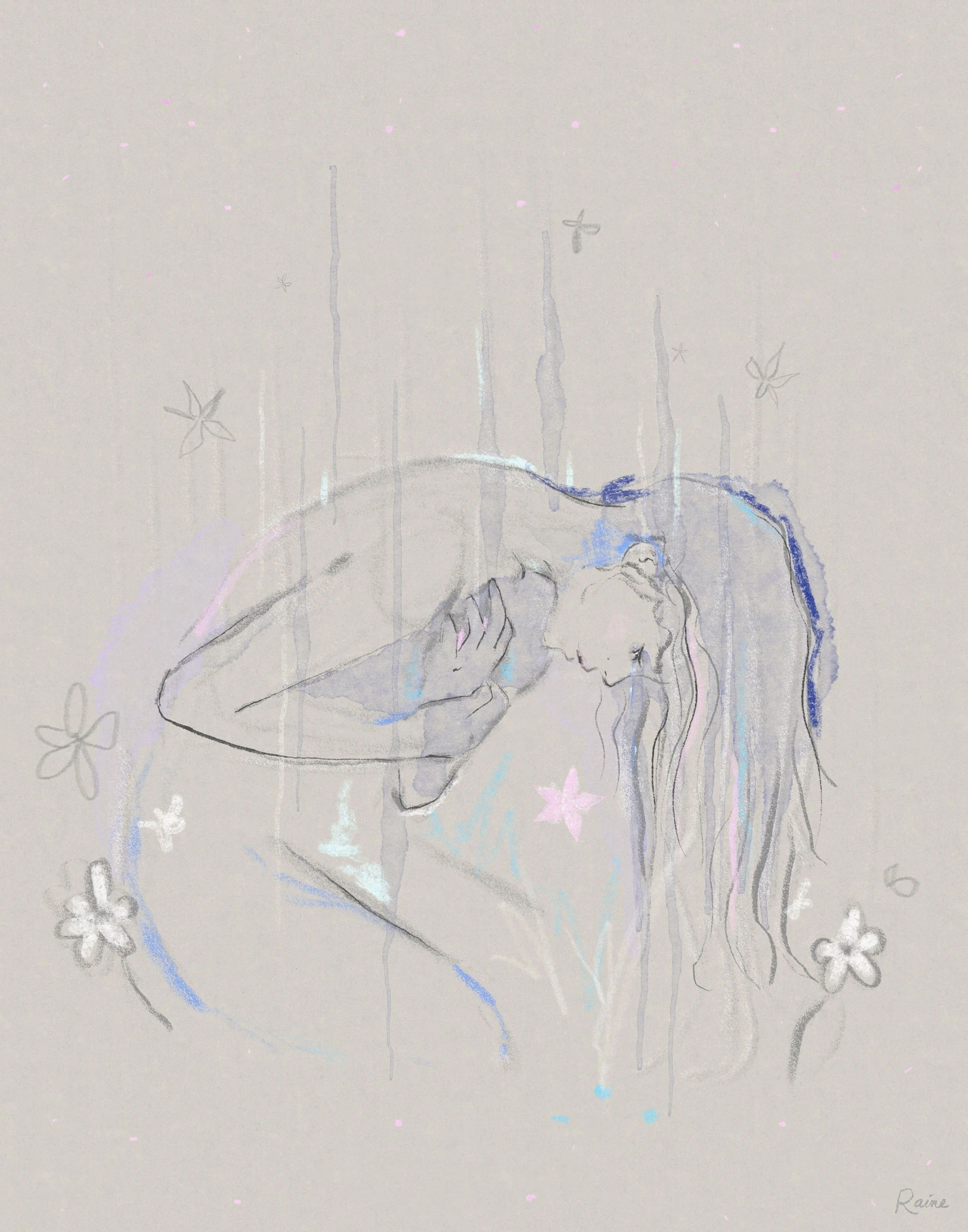 Artwork by Raine Schweikert of a soft pastel and line sketch with blue, teal, and pink accents over light watercolor washes on a tan background. A figure curls inward while holding their chest, long hair cascading downward as streaks of rain and deli