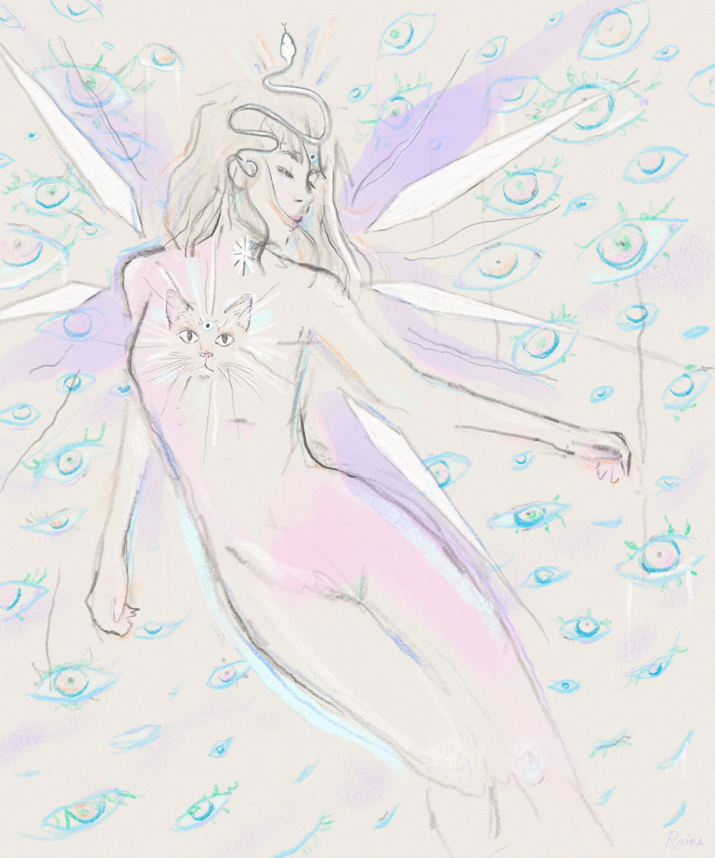 Artwork by Raine Schweikert depicting a delicate, winged celestial figure using graphite lines, watercolor washes, and oil pastel to create an airy, ethereal atmosphere. A snake of transformation wraps around her head, and a glowing cat representing 