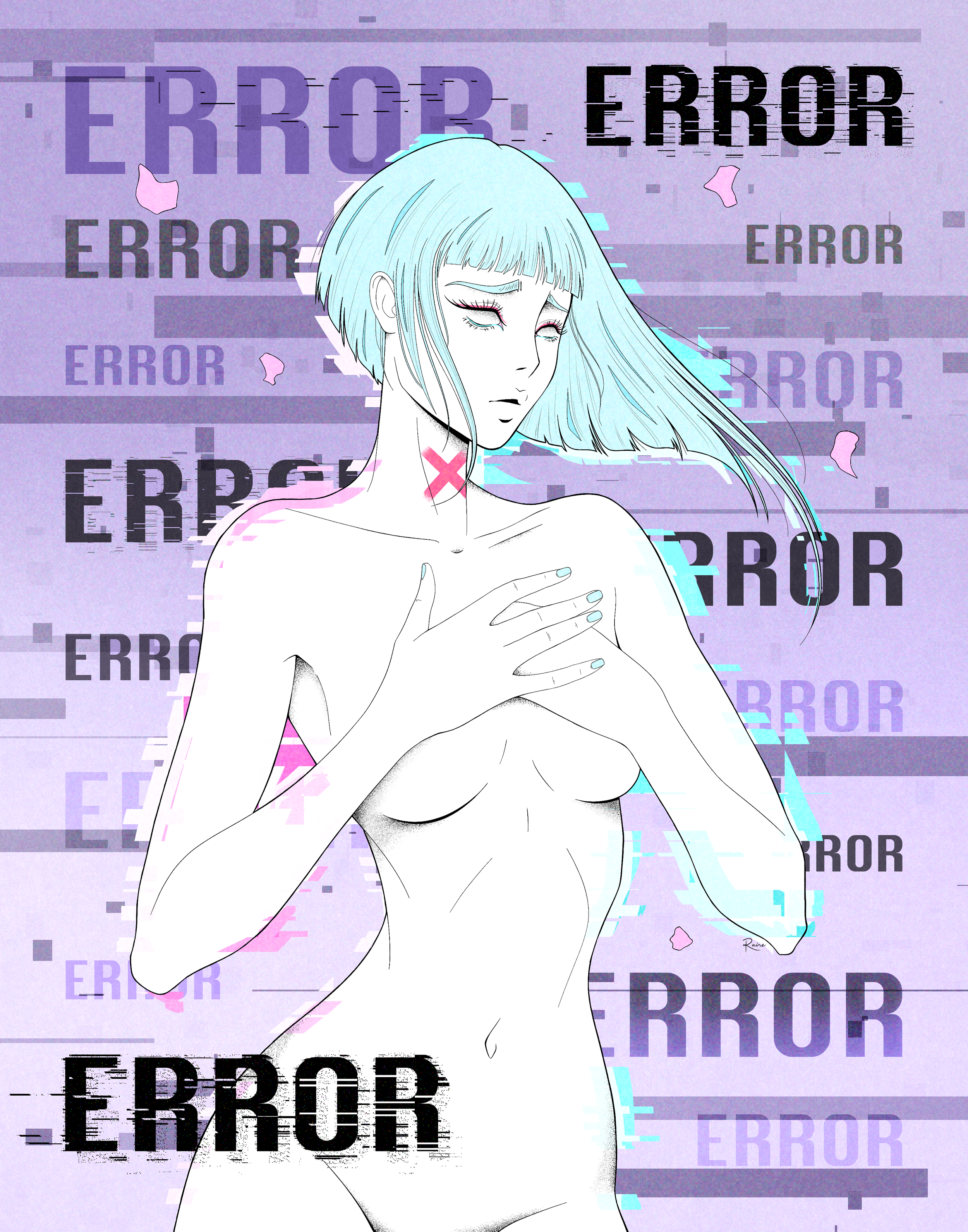 Artwork by Raine Schweikert of a nude, feminine figure with pale cyan hair standing against a purple glitch background covered in the repeated word “ERROR.” The figure holds her hands over her chest, with a pink X marked on her throat, and her blank 