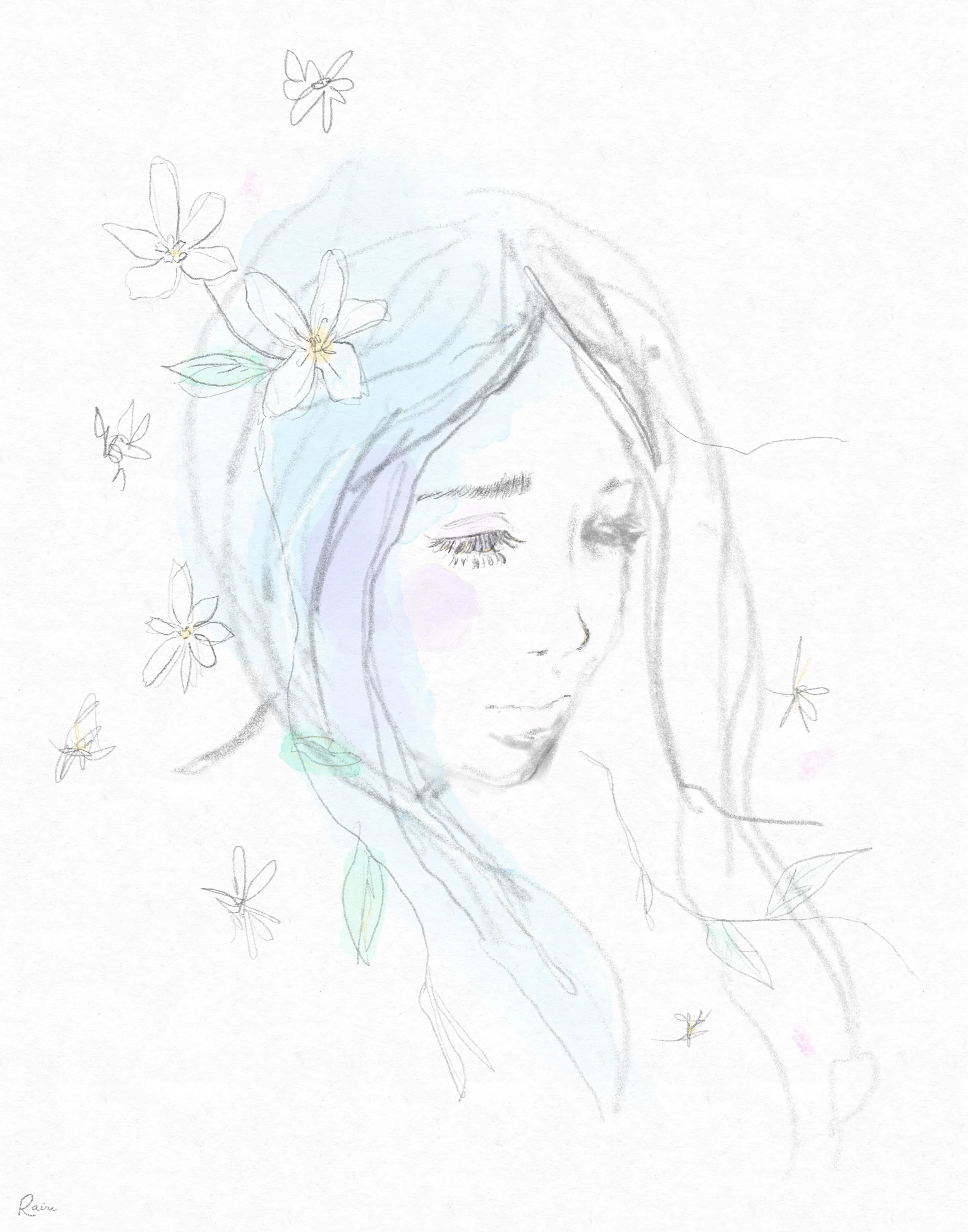 Artwork by Raine Schweikert of a graphite portrait of a woman in three-quarter view with her eyes lowered. Loose, sketchy lines form her hair and face, with small flowers and leaves drifting around her. Pale washes of blue and lavender lightly tint p