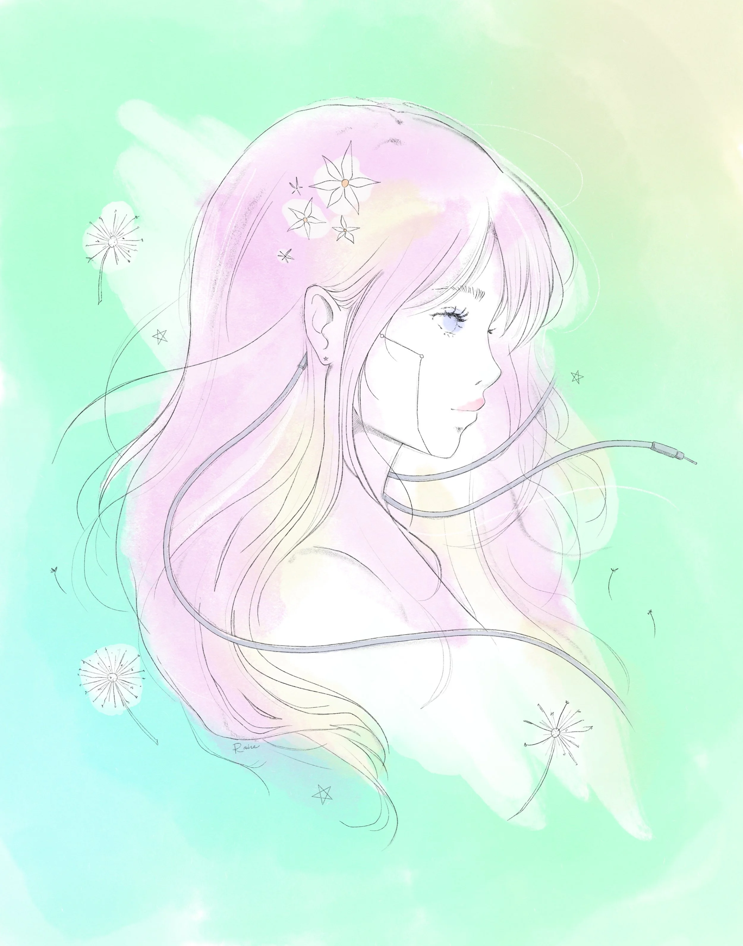Artwork by Raine Schweikert of a soft portrait of a figure in profile facing right, set against an atmospheric background of pastel green, yellow, and blue. The figure has long flowing pink hair with delicate flowers and dandelion forms woven through