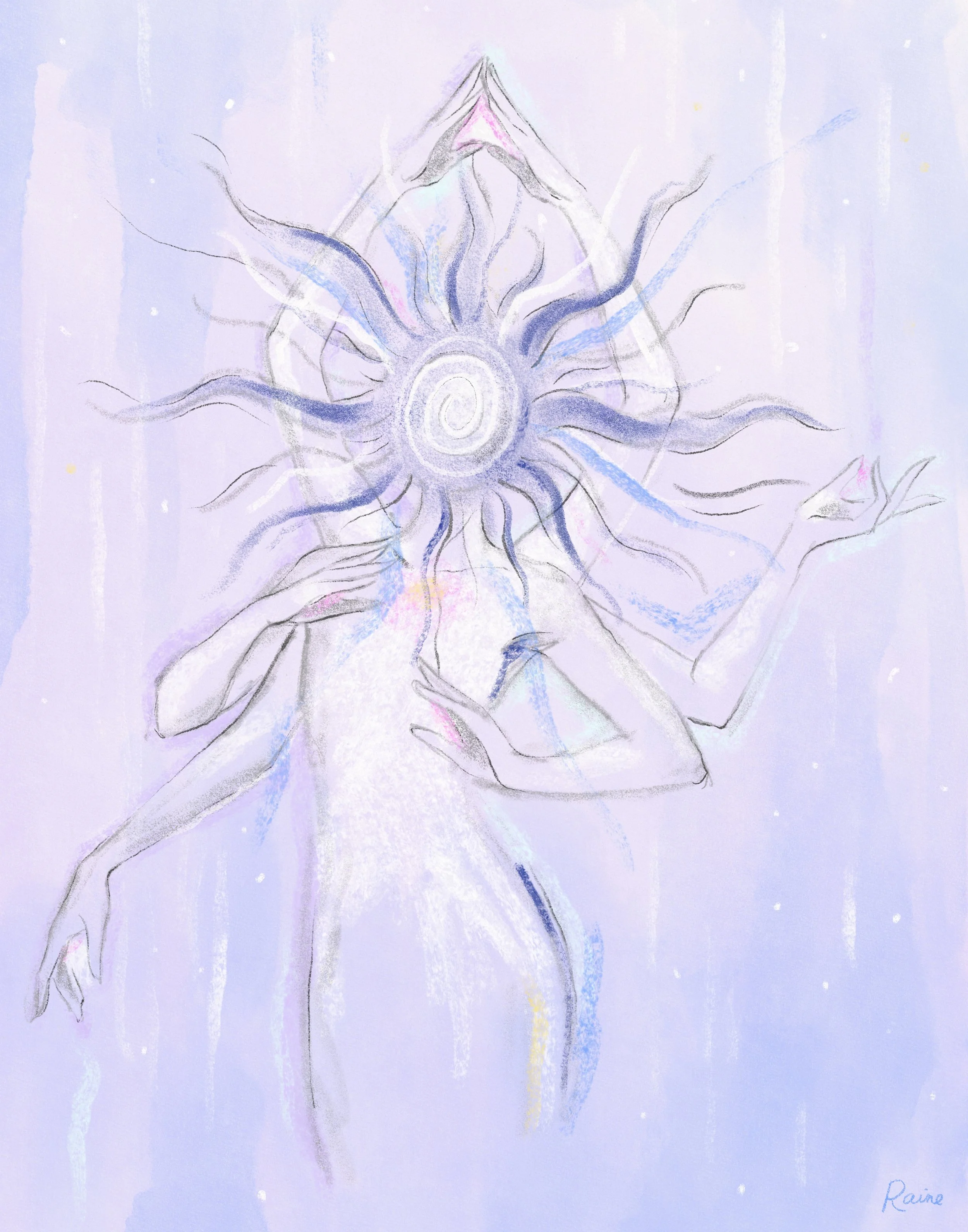 Artwork by Raine Schweikert of a mystical, multi-armed celestial figure with a swirling blue sun vortex for a head. A soft pink and gold glow radiates from the chest and hands, set against a blue and lavender watercolor background filled with gentle,