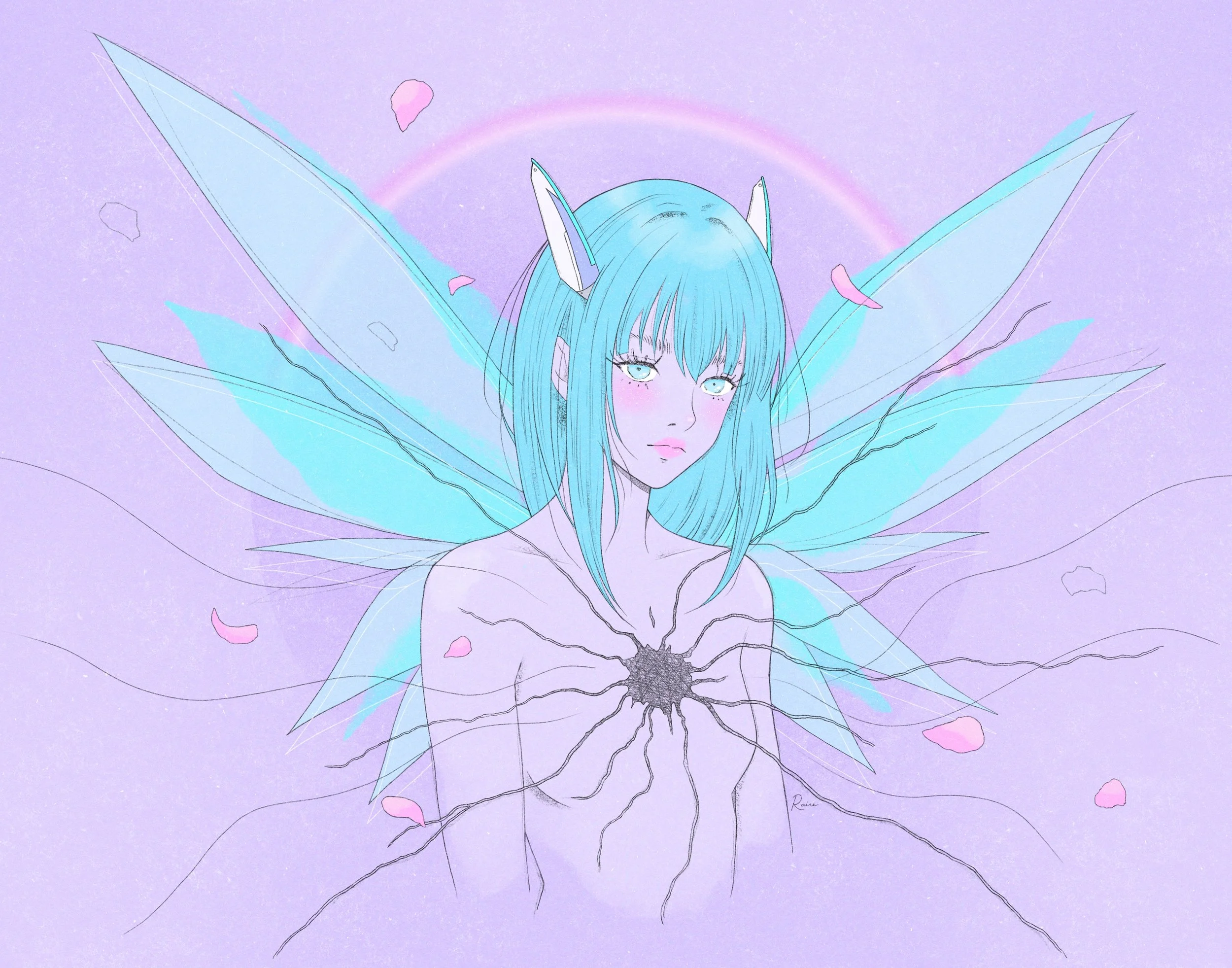Artwork by Raine Schweikert of a softly glowing, ethereal figure with translucent blue wings, floating against a lavender, dreamlike background. The figure has pale blue hair and calm, distant eyes, with delicate petal shapes drifting around her. A s