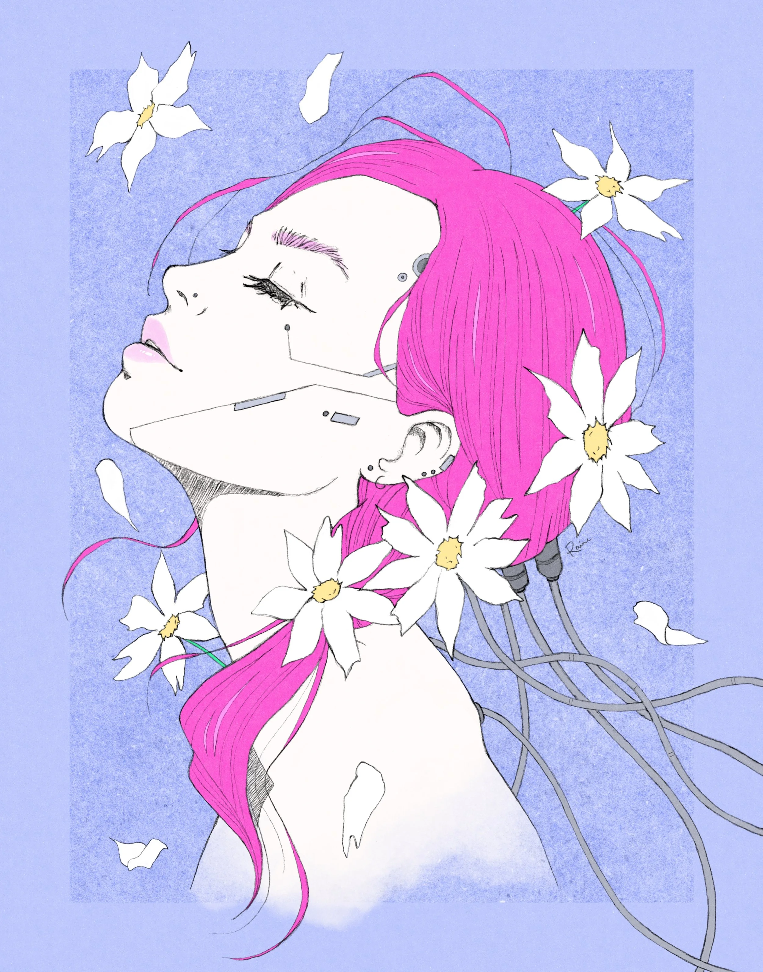 An analogue and digital hybrid illustration by Raine Schweikert of a serene feminine figure shown in profile, eyes closed. The linework is graphite textured, and the coloring is soft and painterly in bold vaporwave tones of purples, pinks, and teal. 