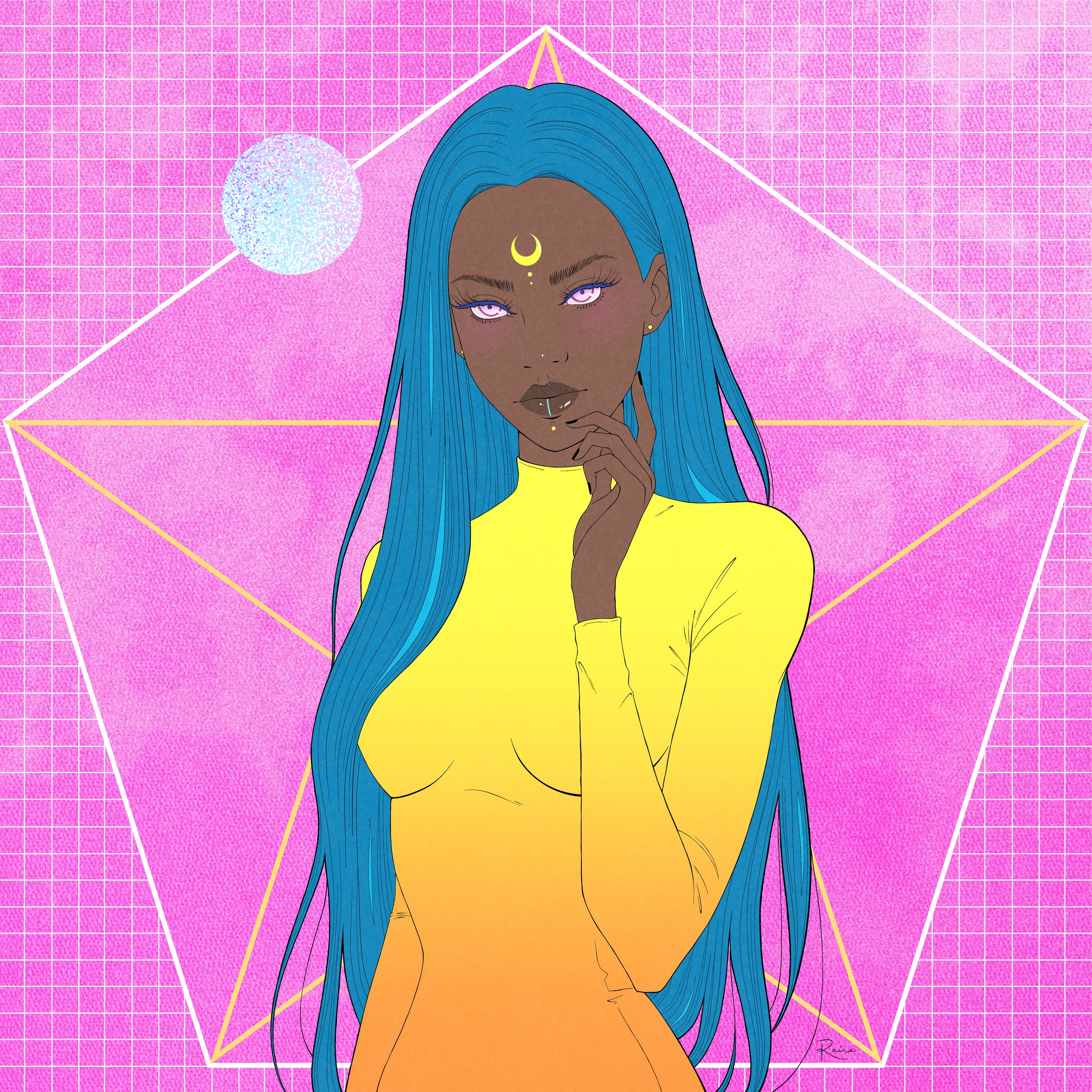 Artwork by Raine Schweikert featuring a serene, dark-skinned feminine figure with long, teal hair. She stands centered against a vaporwave-inspired pink background with a subtle grid and soft cloud texture. Behind her is a pentagram shape outlined in