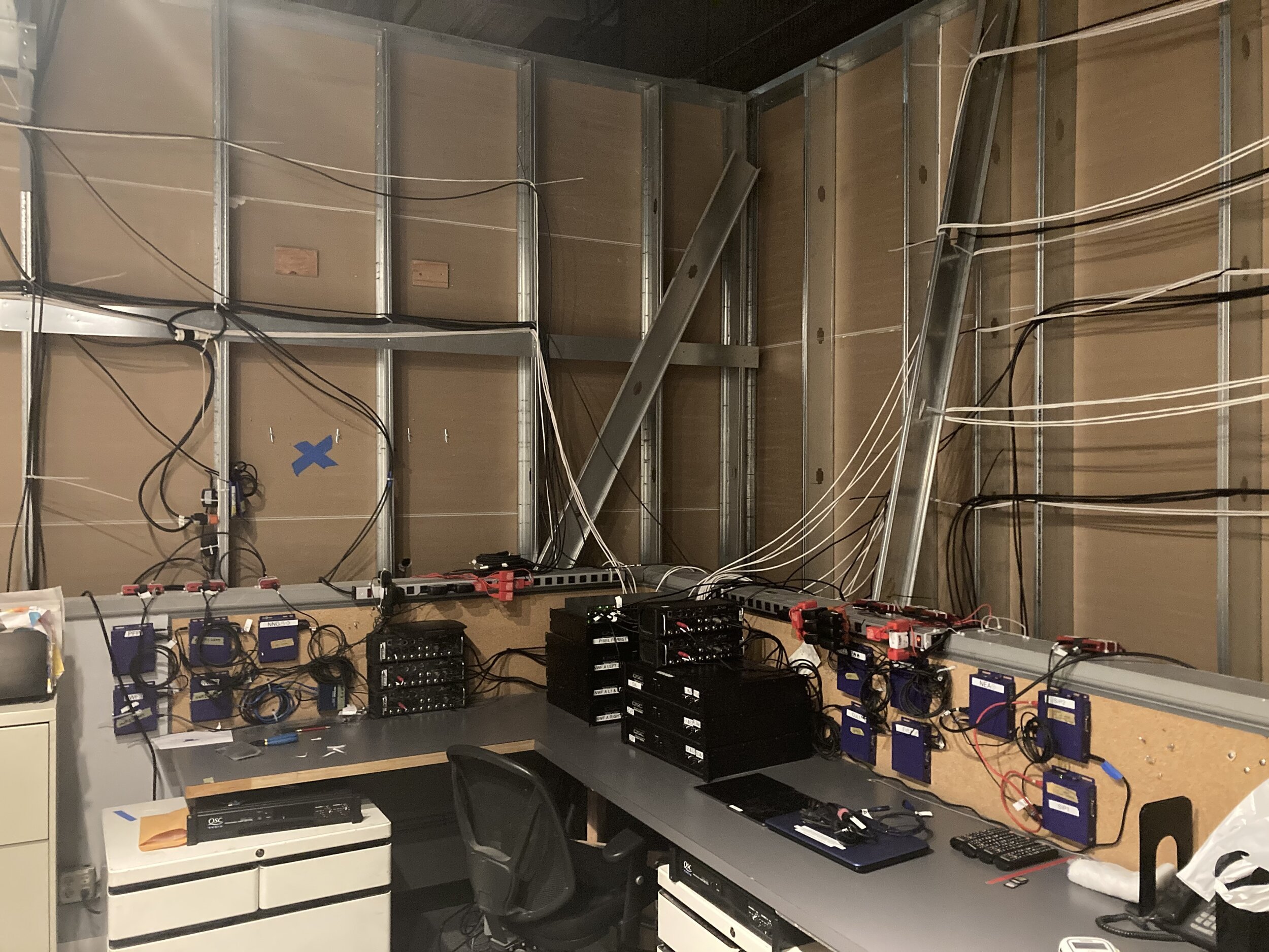 Temporary/Modular Media Control Center Built into the Offices at the Geffen Contemporary Building featuring Digital Mixers, Amps, and Media Players
Media players running to projectors and monitors throughout most of the 55,000 square foot warehouse
