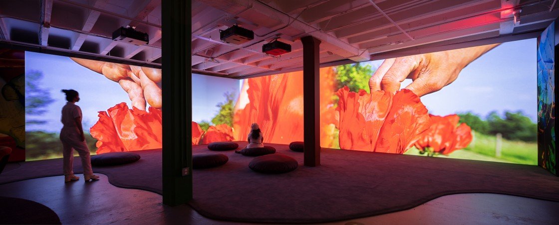 Projection mapped video using three projectors mounted into concrete