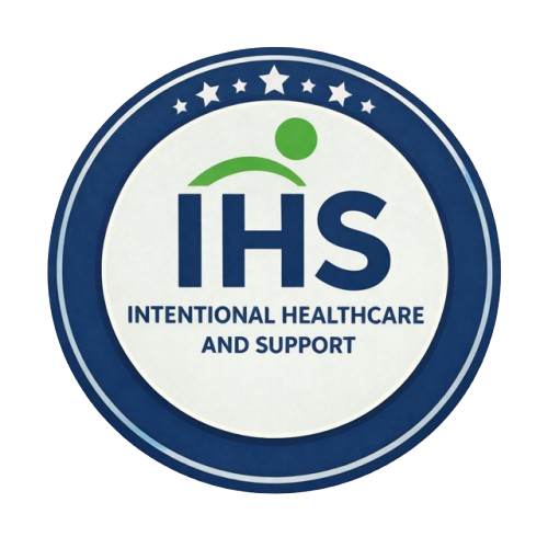 A circular logo for IHS, featuring a green stylized human figure above the acronym, with the words "Intentional Healthcare and Support" below, all within a blue and white star-bordered circle.