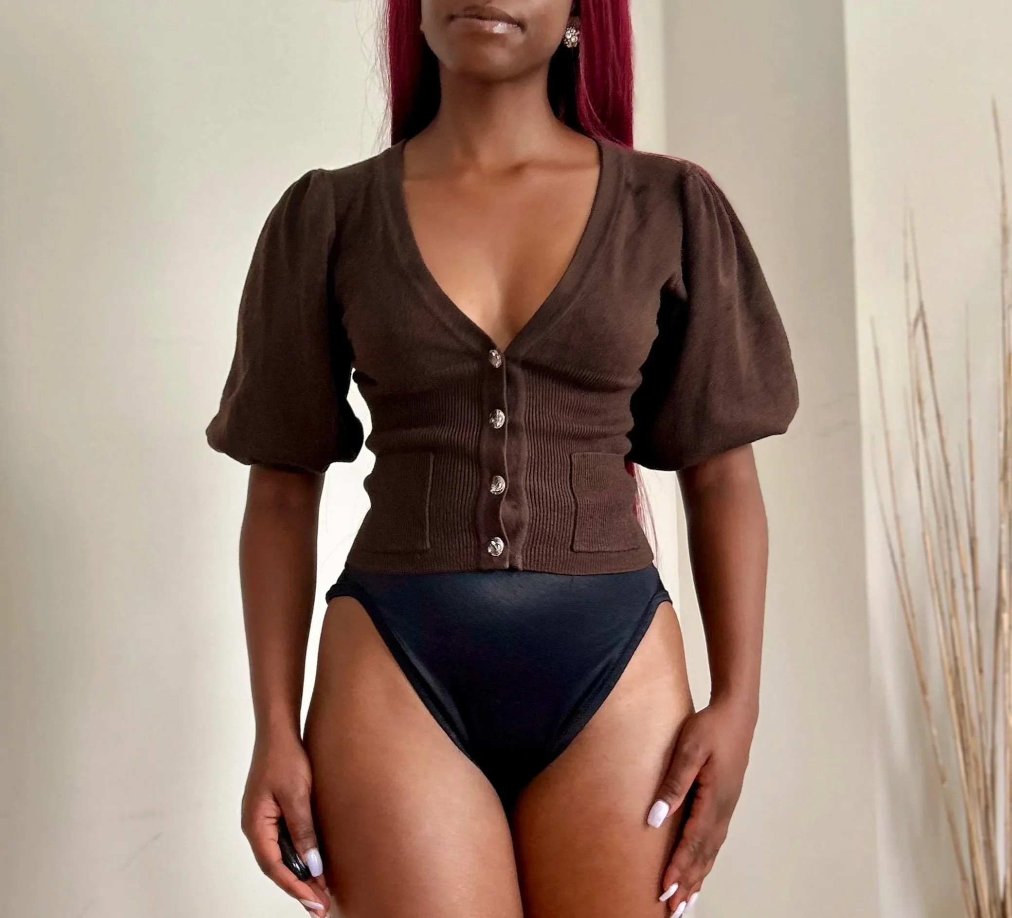 Brown Puff-Sleeve Crop Fitted Sweater