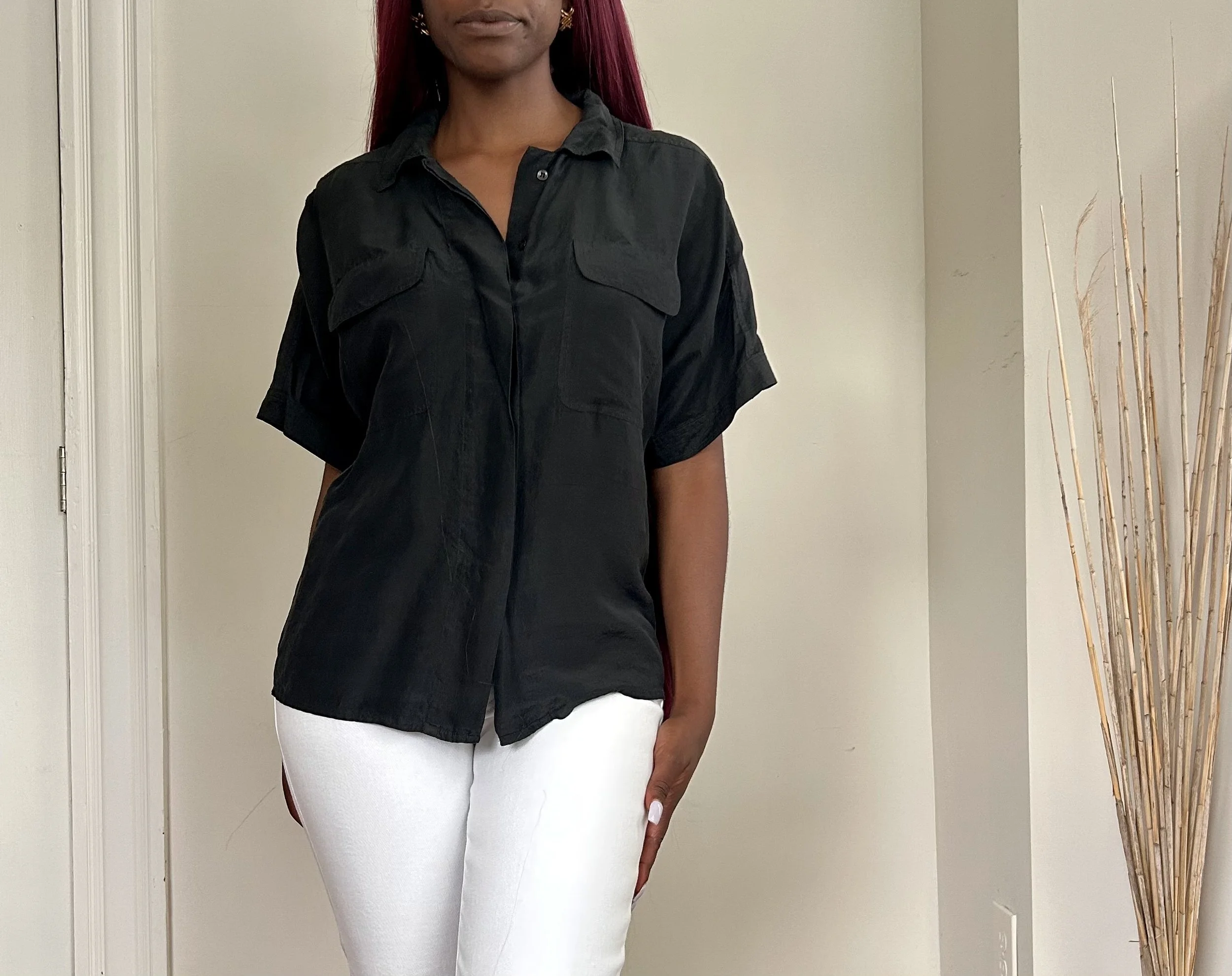 Pure Silk Button Collar Top