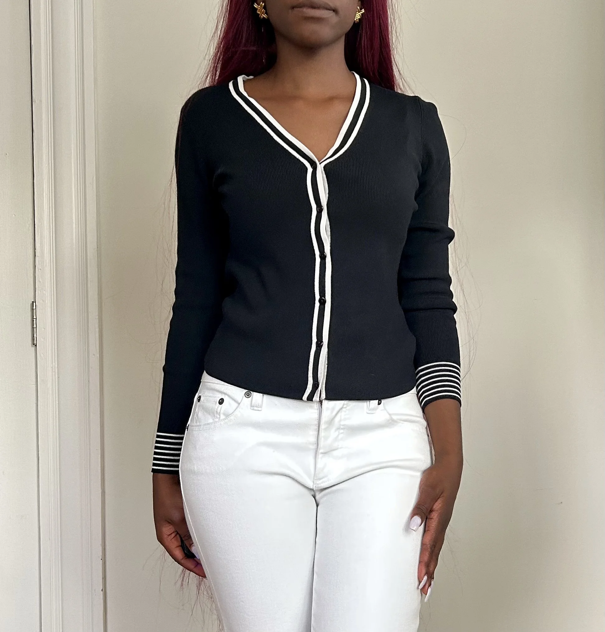 Petite White-Trim Cardigan