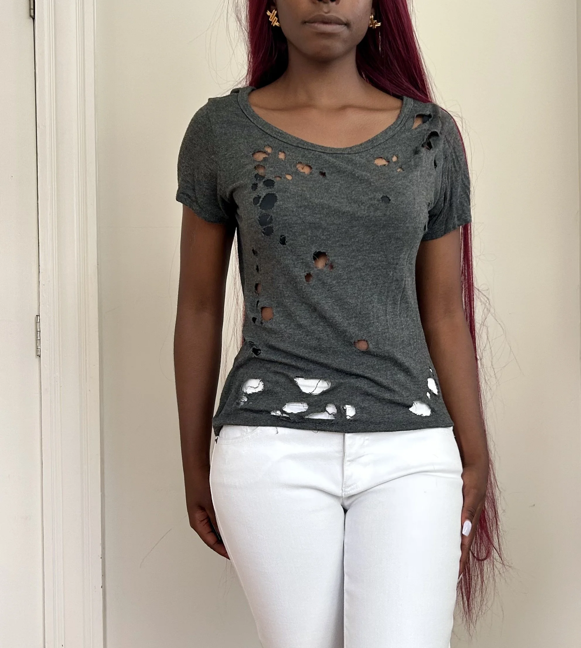 Grey Distressed Stretch Top