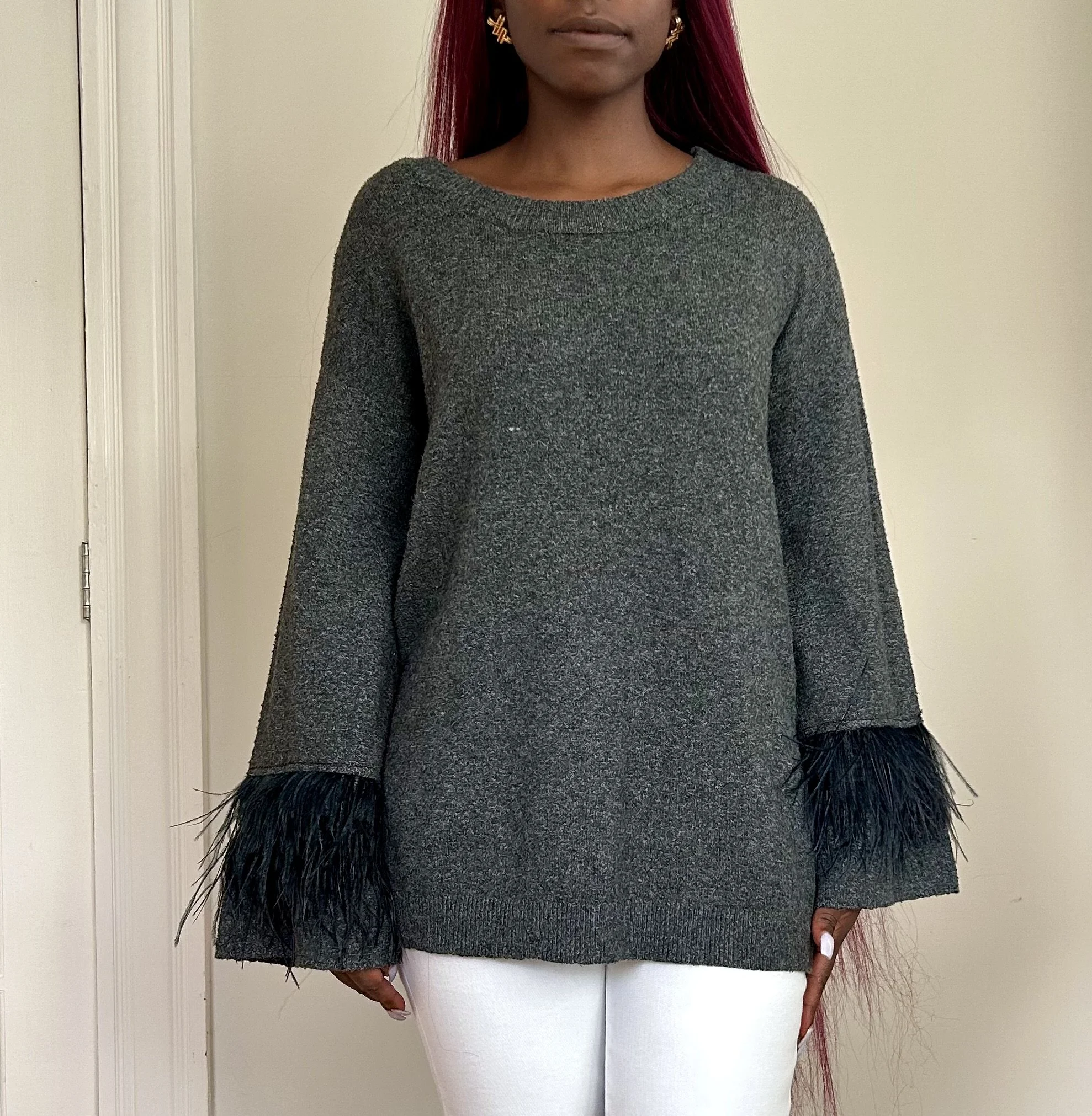 Grey Feather-Cuff Long Sleeve Sweater