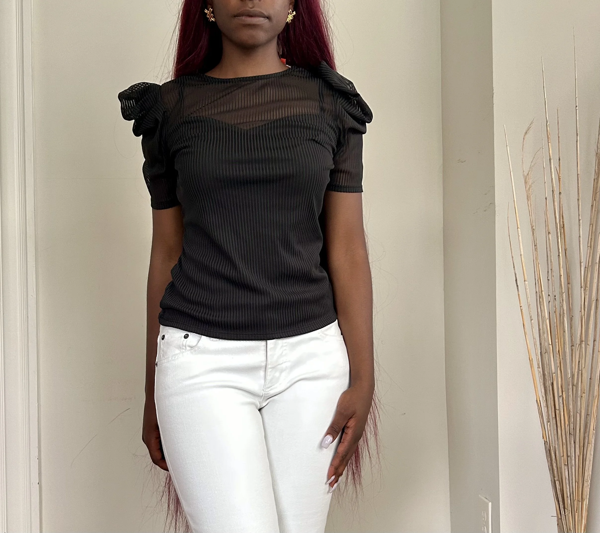 Illusion-Neck Pleated Shoulder Dress Top