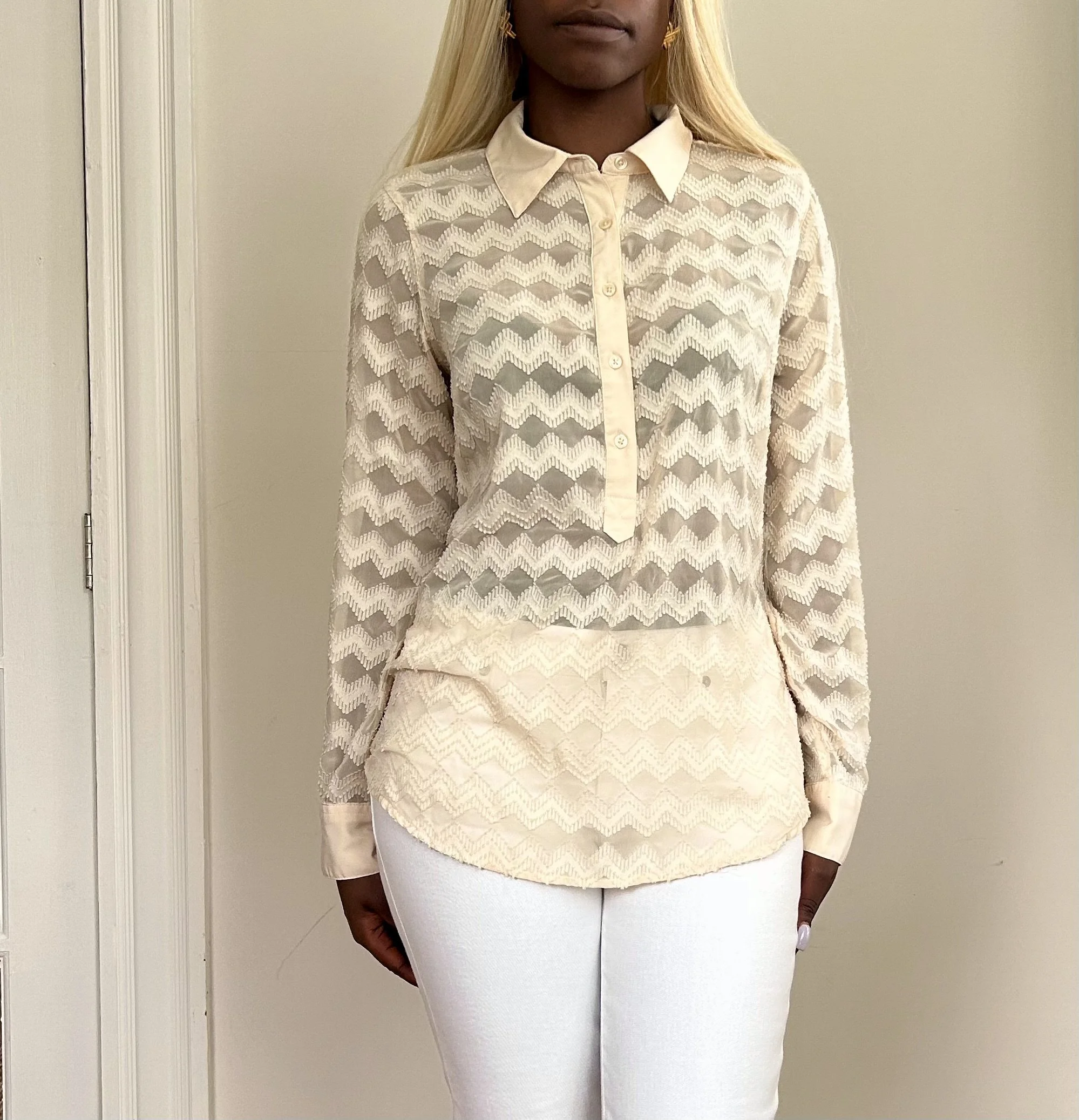 Cream Sheer Pattern Collar Blouse