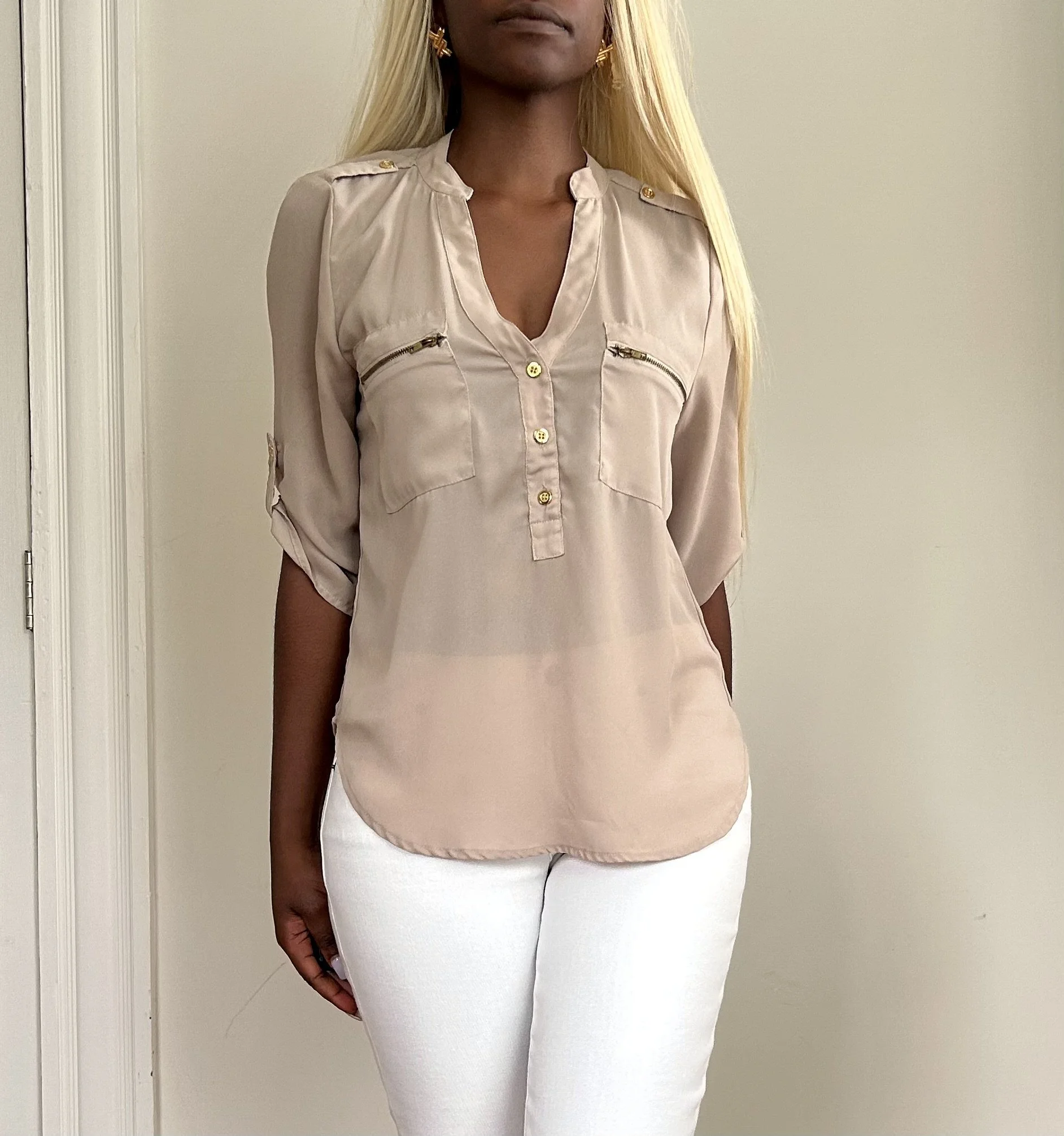 Sheer Short Sleeve Blouse Zip-Up Front Pockets